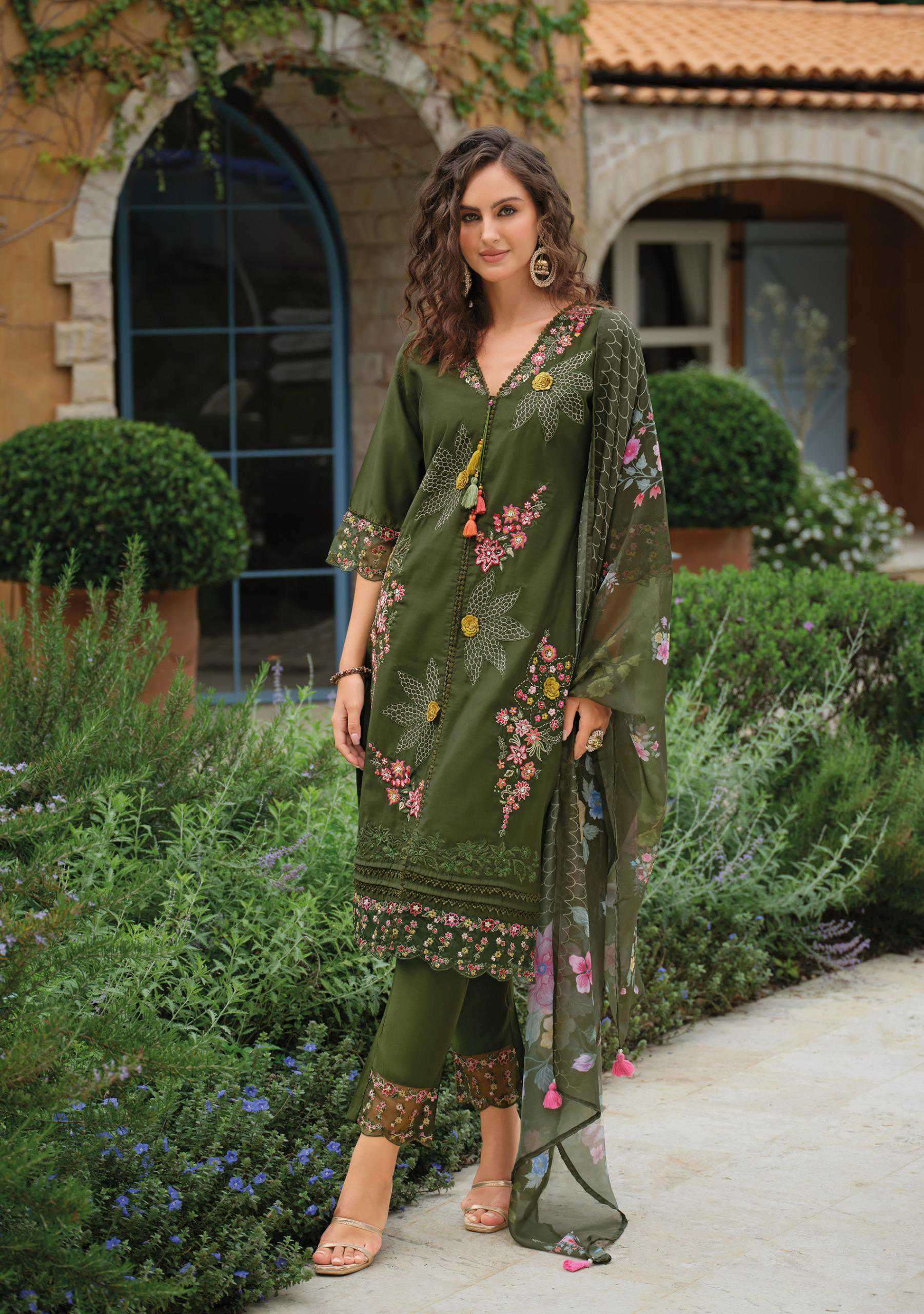 ZOYA SERIES 31101 TO 31104 BY LADY LEELA DESIGNER EMBROIDERY AND HAND WORK VISCOSE SILK TOP WITH BOTTOM AND DUPATTA ARE AVAILABLE AT WHOLESALE PRICE