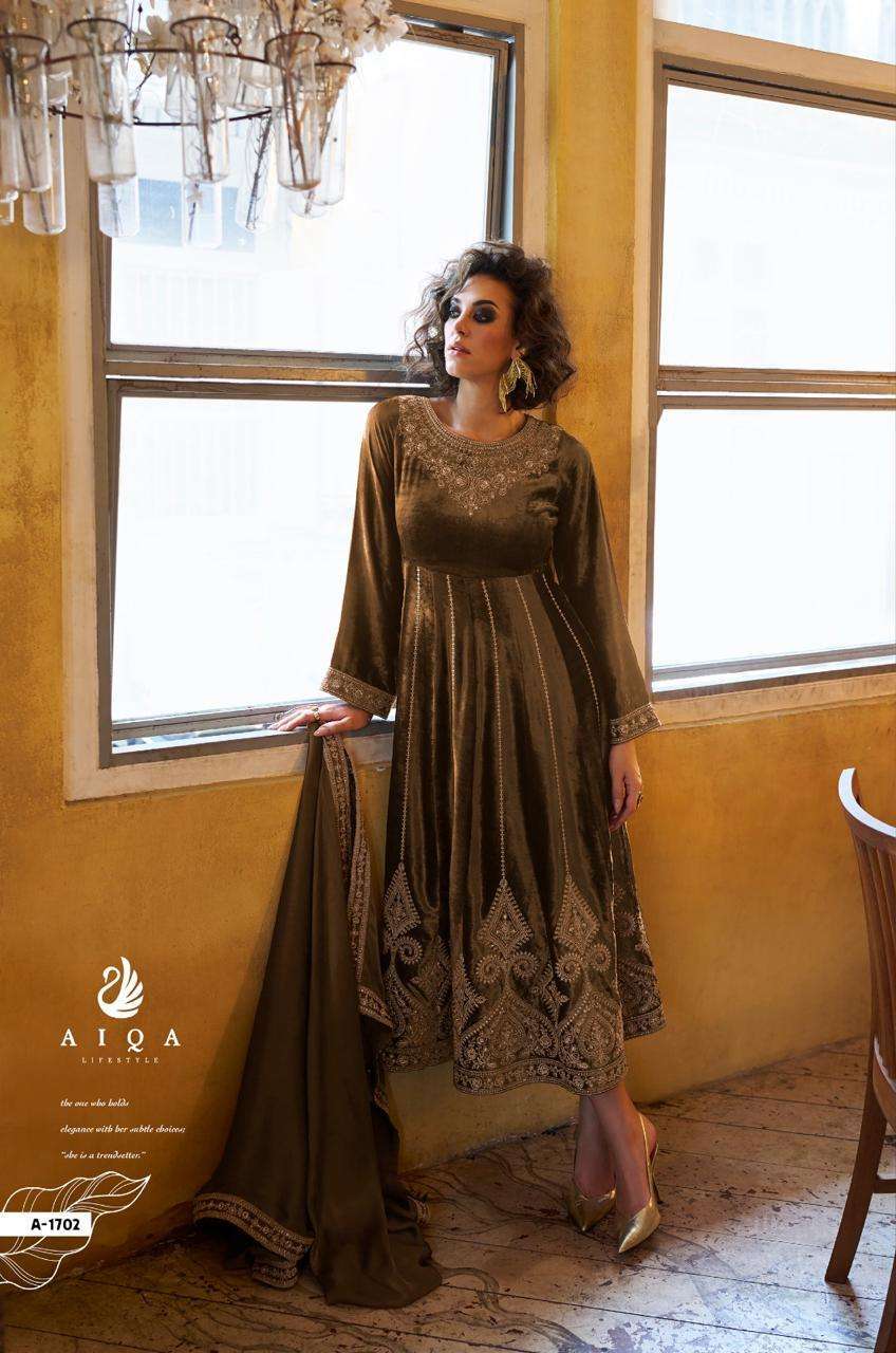 GREY & GOLD SERIES 1701 TO 1706 BY AIQA DESIGNER FANCY WORK ANARKALI VISCOSE VELVET SUITS ARE AVAILABLE AT WHOLESALE PRICE