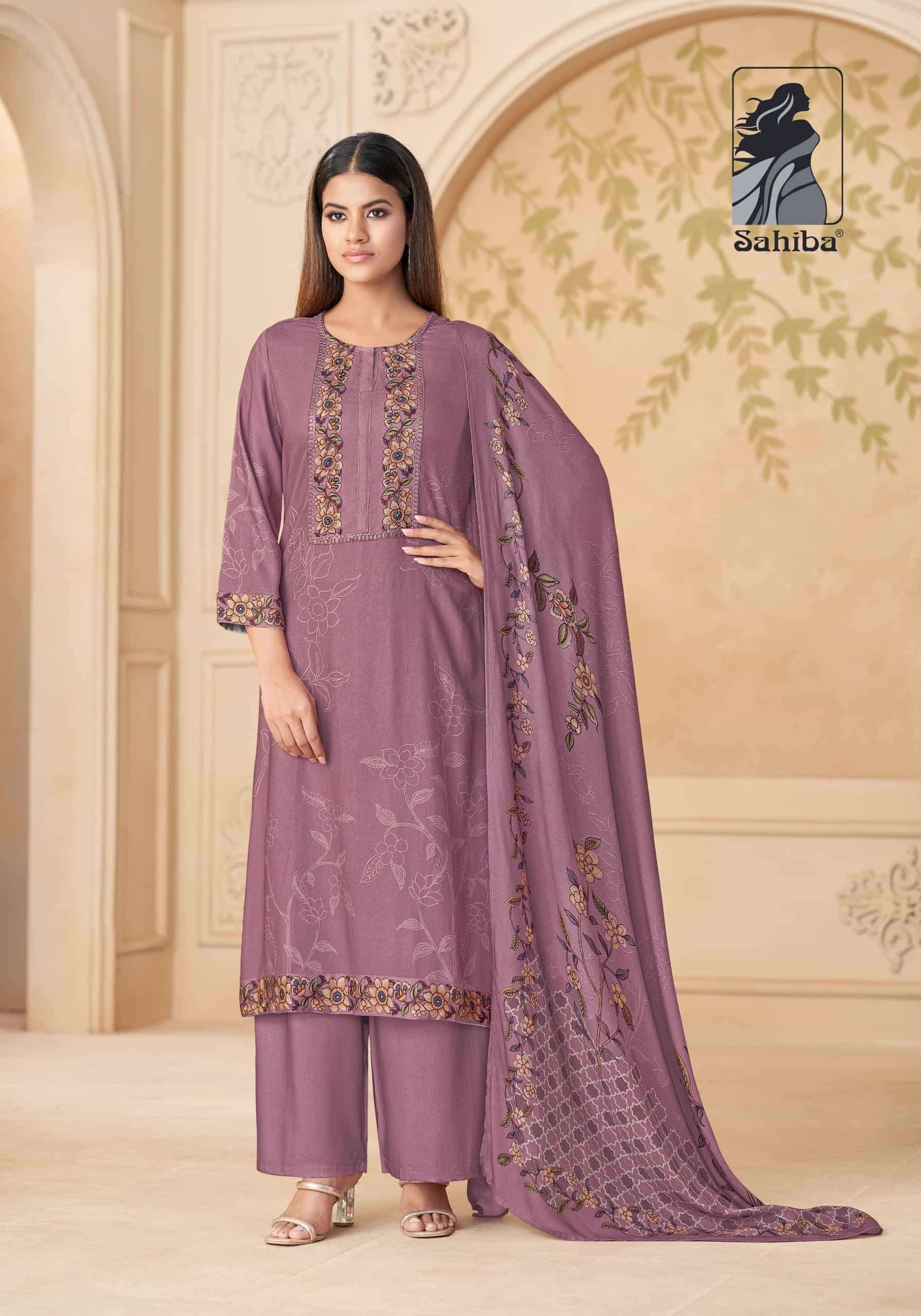 MAHAVEEN SERIES 6300 BY SAHIBA DESIGNER DIGITAL PRINTED AND WORK PASHMINA TWILL SUITS ARE AVAILABLE AT WHOLESALE PRICE