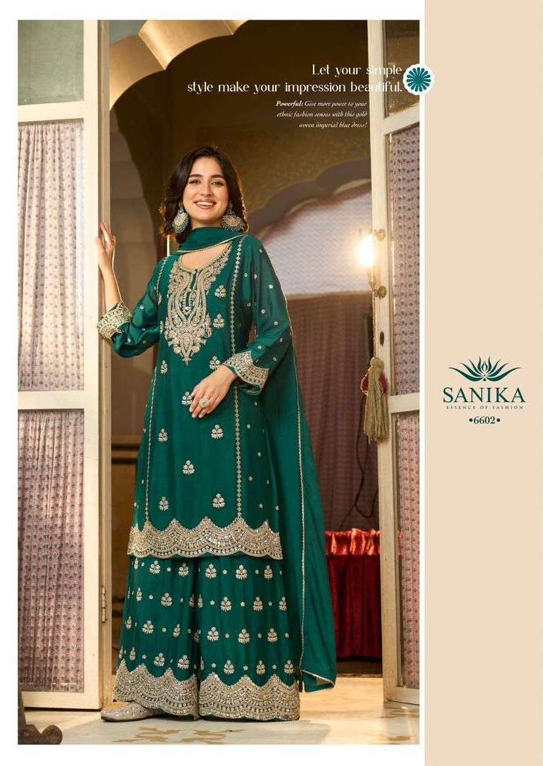 MONICA SERIES 6601 TO 6604 BY SANIKA DESIGNER EMBROIDERY AND HAND WORK CHINON SILK READYMADE SUITS ARE AVAILABLE AT WHOLESALE PRICE