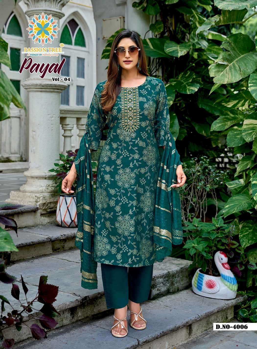 PAYAL VOL-4 SERIES 4001 TO 4008 BY PASSION TREE DESIGNER PRINTED AND WORK VATICAN KURTI WITH BOTTOM AND DUPATTA ARE AVAILABLE AT WHOLESALE PRICE