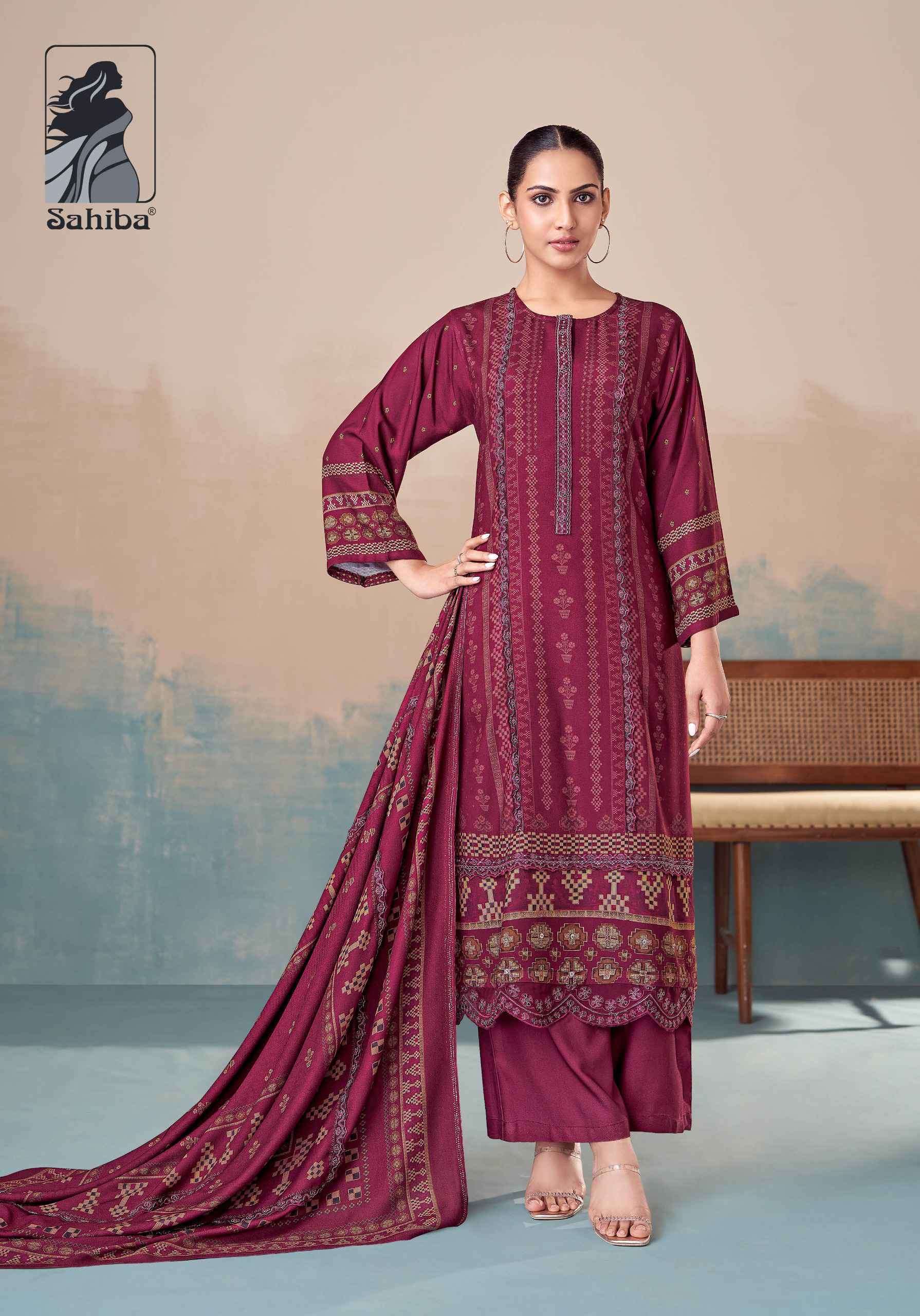 PIXEL SERIES 5200 BY SAHIBA DESIGNER DIGITAL PRINTED WITH EMBROIDERY AND HAND WORK PASHMINA TWILL SUITS ARE AVAILABLE AT WHOLESALE PRICE