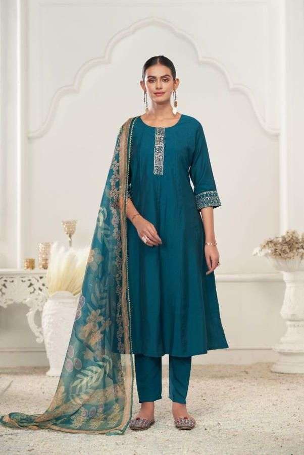 RUBINA VOL-1 SERIES 602 A TO 602 D BY VAMIKA DESIGNER HAND WORK ROMAN SILK KURTI WITH BOTTOM AND DUPATTA ARE AVAILABLE AT WHOLESALE PRICE