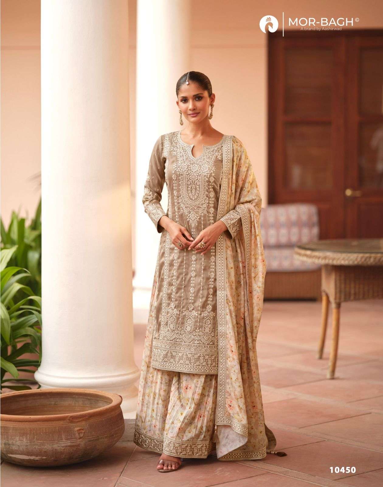 SONALI SERIES 100447 TO 100450 BY MOR BAGH AASHIRWAD DESIGNER EMBROIDERY WORK SHIMMER SILK READYMADE SUITS ARE AVAILABLE AT WHOLESALE PRICE 