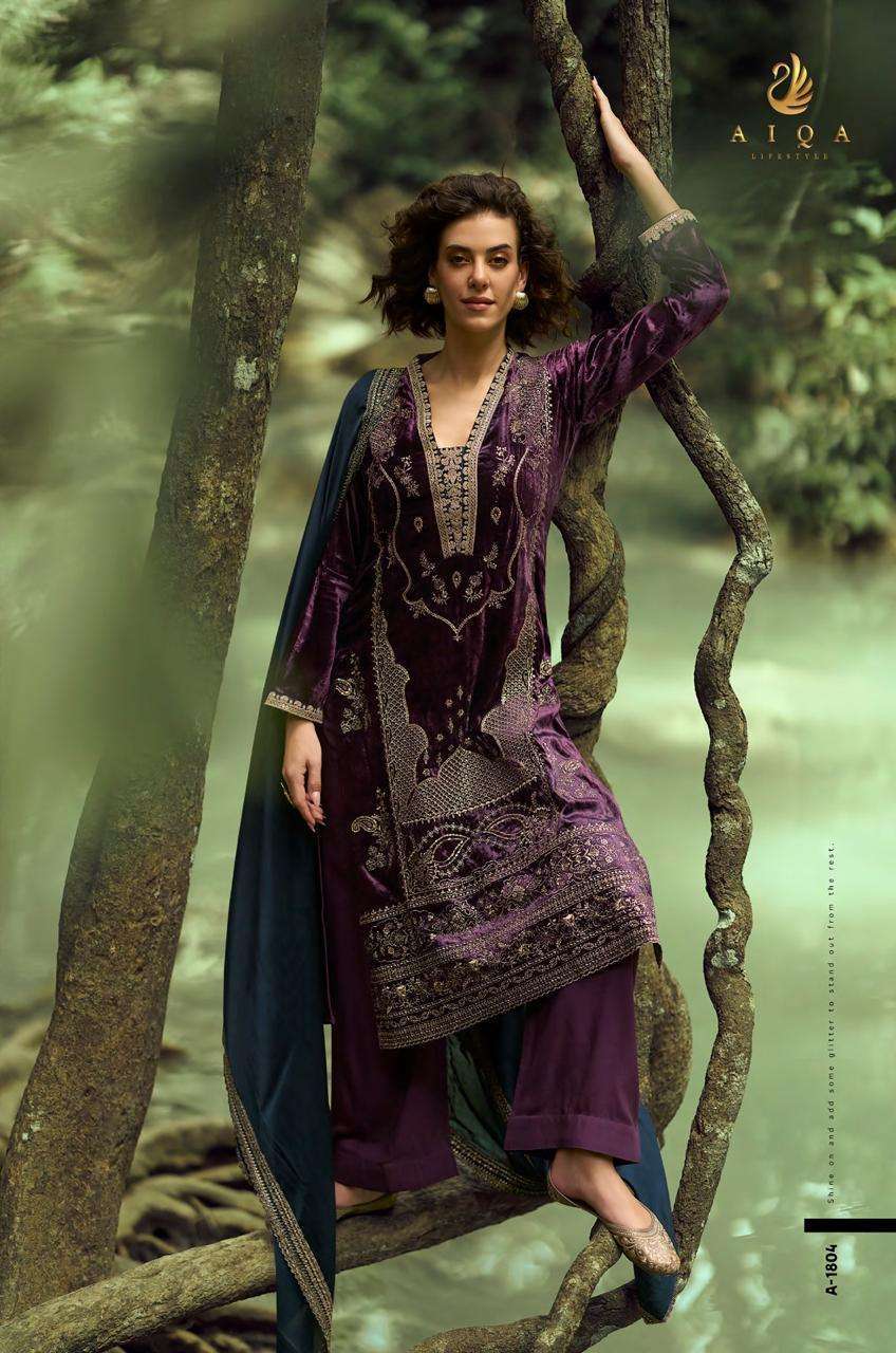 THE LADY OF THE LAKE SERIES 1801 TO 1806 BY AIQA DESIGNER FANCY WORK VISCOSE VELVET SUITS ARE AVAILABLE AT WHOLESALE PRICE