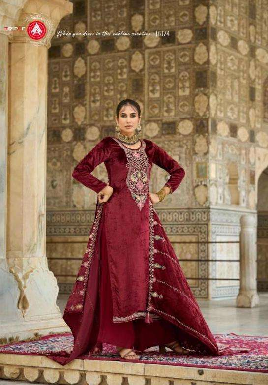 VIBECAST SERIES 18171 TO 18174 BY TRIPLE A DESIGNER HEAVY WORK MAKHMALI VISCOSE VELVET SUITS ARE AVAILABLE AT WHOLESALE PRICE