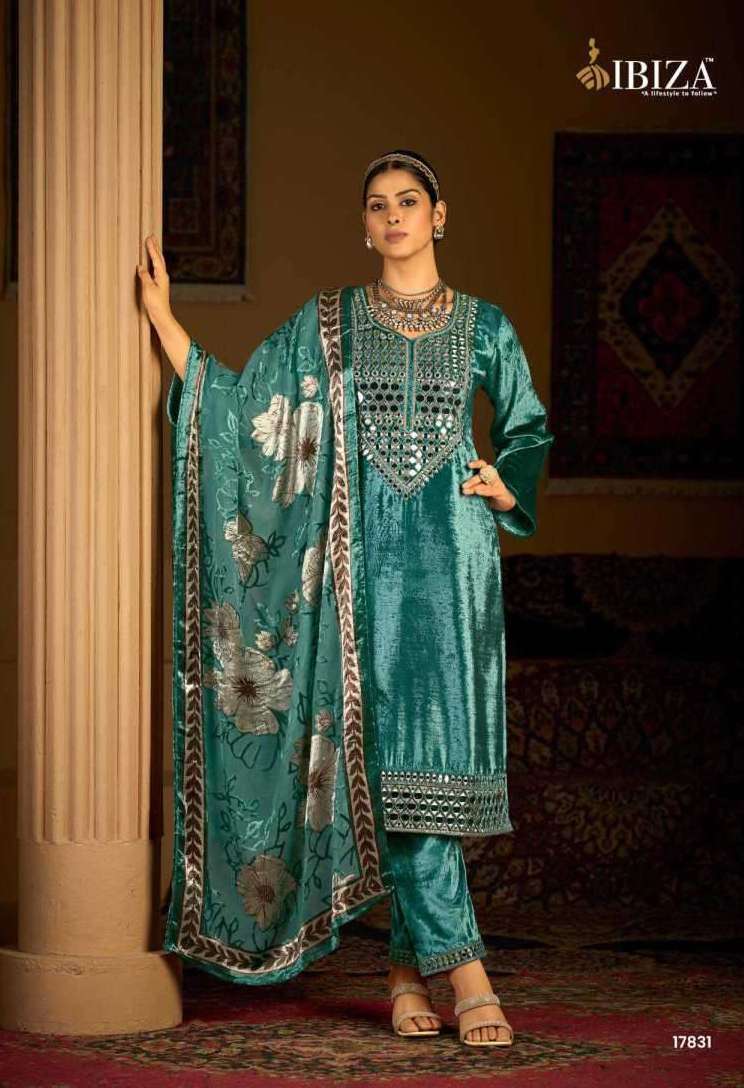 AAYNA SERIES 17831 TO 17834 BY IBIZA DESIGNER MIRROR HAND WORK VISCOSE VELVET SUITS ARE AVAILABLE AT WHOLESALE PRICE