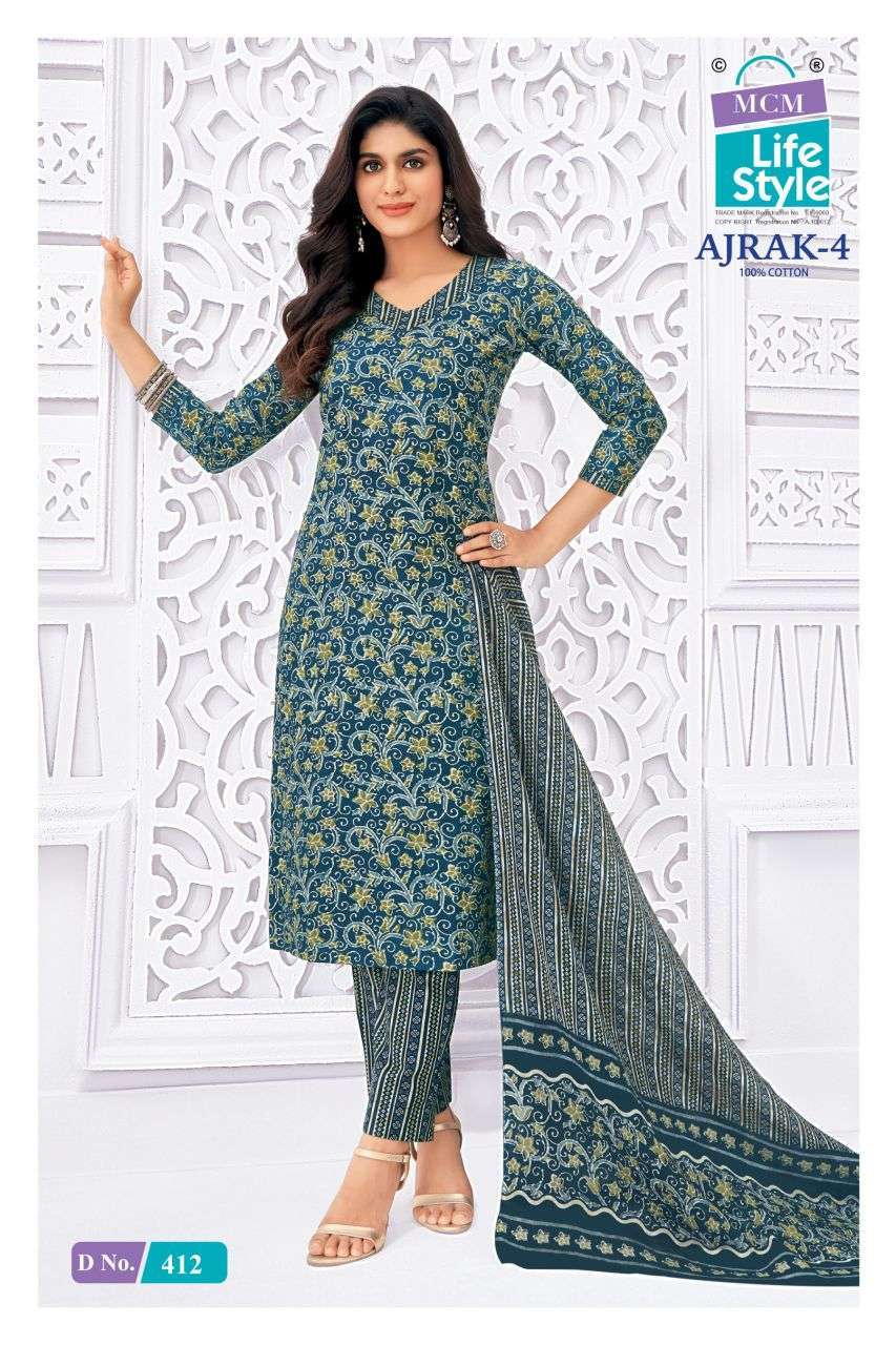 AJRAK VOL-4 SERIES 405 TO 414 BY MCM DESIGNER PRINTED READYMADE COTTON SUITS ARE AVAILABLE AT WHOLESALE PRICE