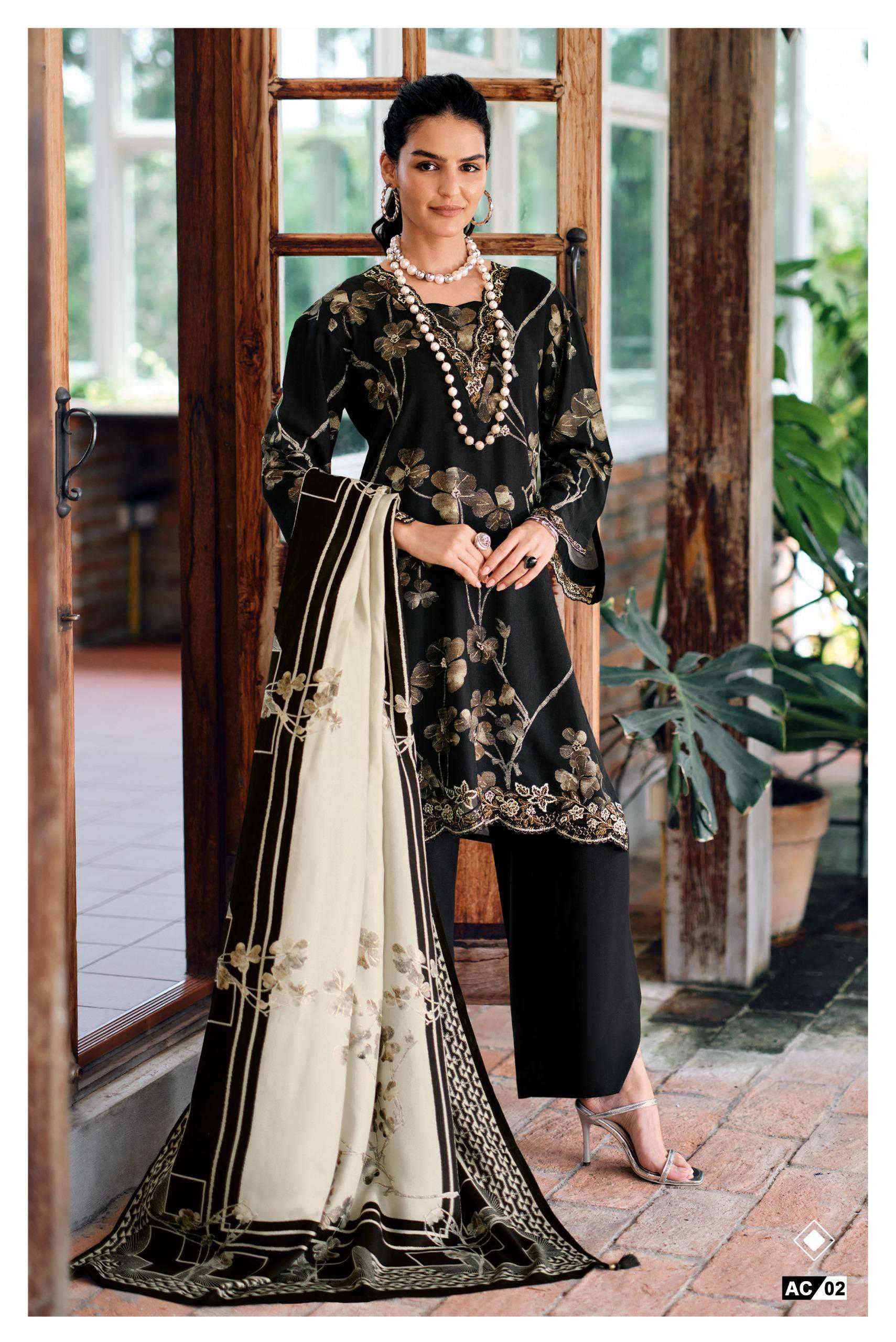 ALICIA SERIES 01 TO 04 BY VARSHA DESIGNER PRINTED AND EMBROIDERY WORK VISCOSE PASHMINA SUITS ARE AVAILABLE AT WHOLESALE PRICE