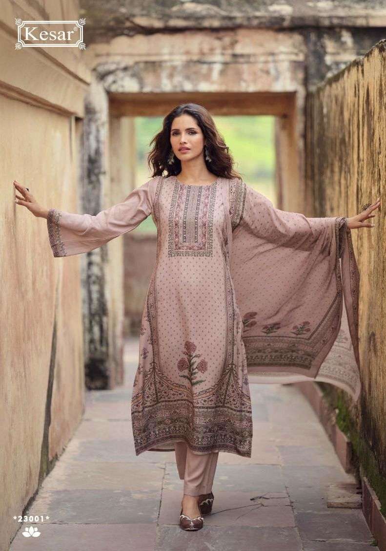 HASRAT SERIES 23001 TO 23004 BY KESAR DESIGNER PRINTED AND WORK VISCOSE PASHMINA SUITS ARE AVAILABLE AT WHOLESALE PRICE