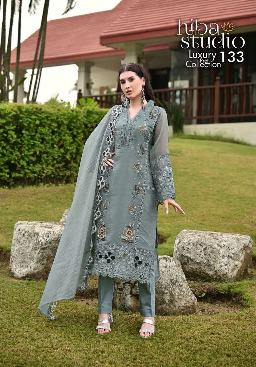 HIBA STUDIO 133 DESIGNER WORK ORGANZA TOP WITH BOTTOM AND DUPATTA ARE AVAILABLE AT WHOLESALE PRICE