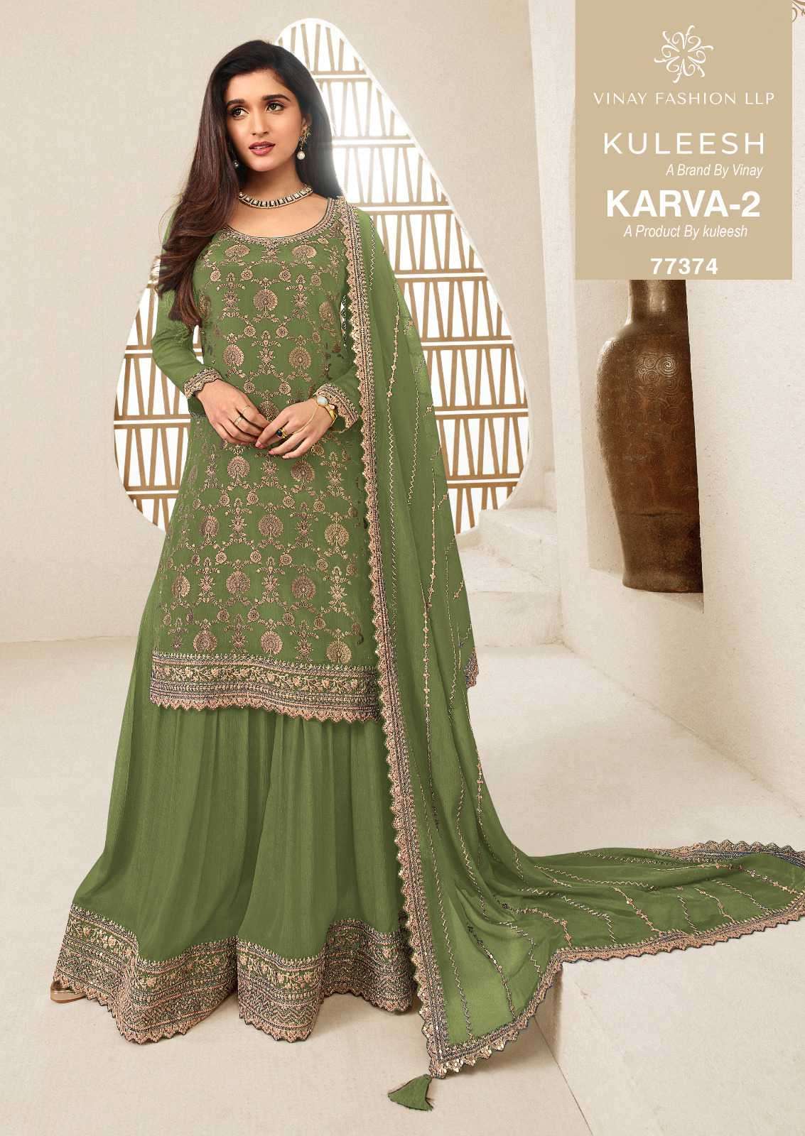 KARVA VOL-2 SERIES 77371 TO 77376 BY KULEESH VINAY DESIGNER EMBROIDERY WORK CHINON JACQUARD SUITS ARE AVAILABLE AT WHOLESALE PRICE