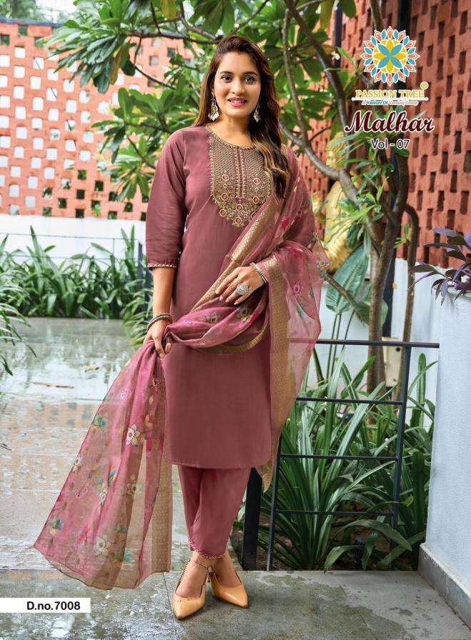 MALHAR VOL-7 SERIES 7001 TO 7008 BY PASSION TREE DESIGNER EMBROIDERY WORK ROMAN SILK KURTI WITH BOTTOM AND DUPATTA ARE AVAILABLE AT WHOLESALE PRICE