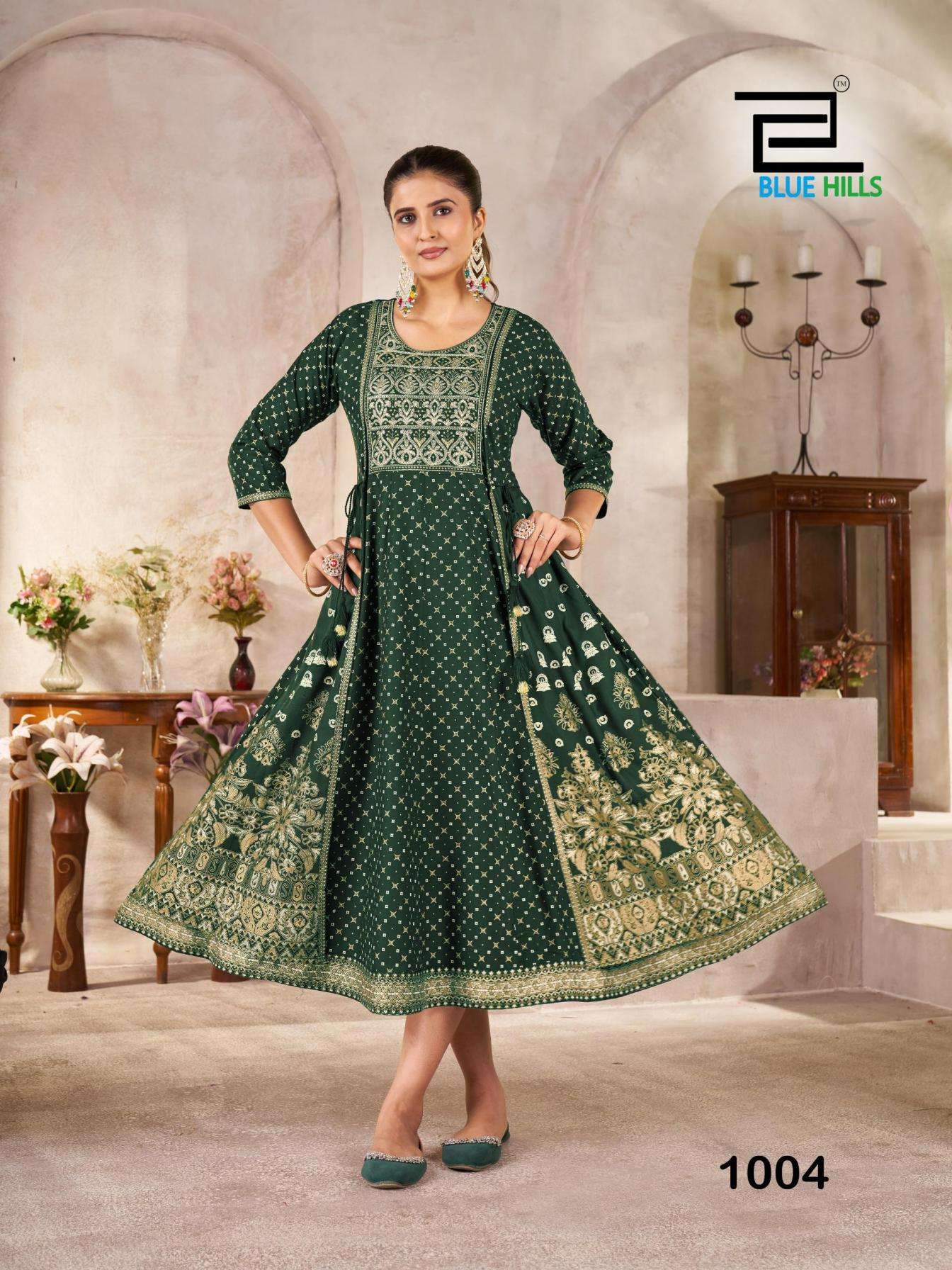 MUNCH SERIES 1001 T0 1004 BY BLUE HILLS DESIGNER EMBROIDERY WORK RAYON ANARKALI GOWNS ARE AVAILABLE AT WHOLESALE PRICE