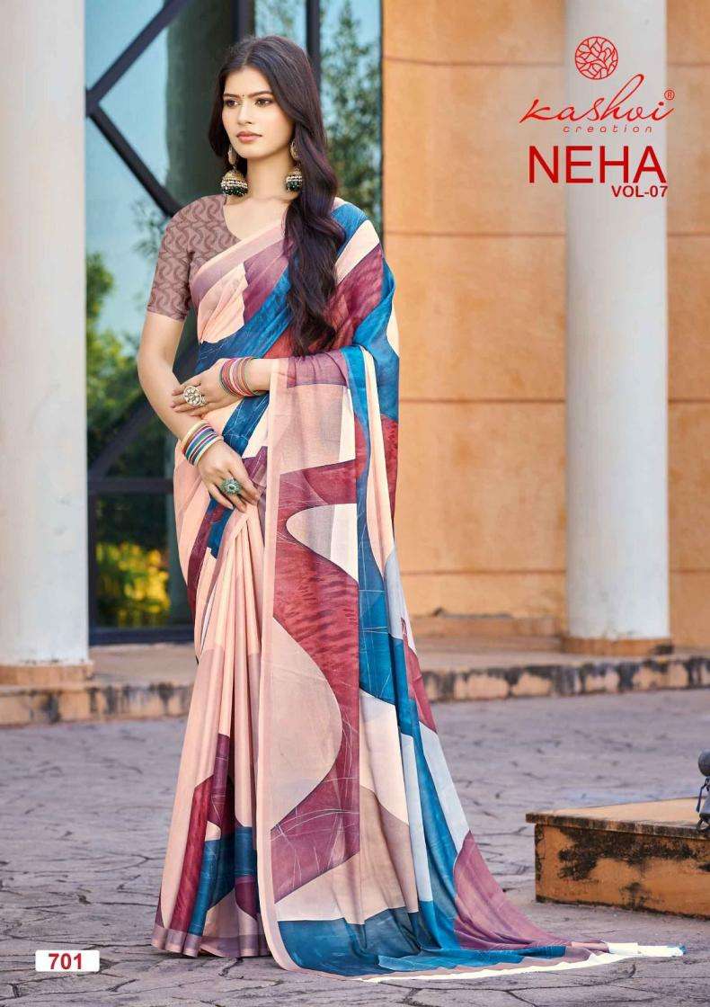 NEHA VOL-7 SERIES 701 TO 708 SAREE BY KASHVI DESIGNER DIGITAL PRINTED MOSS SAREES ARE AVAILABLE AT WHOLESALE PRICE