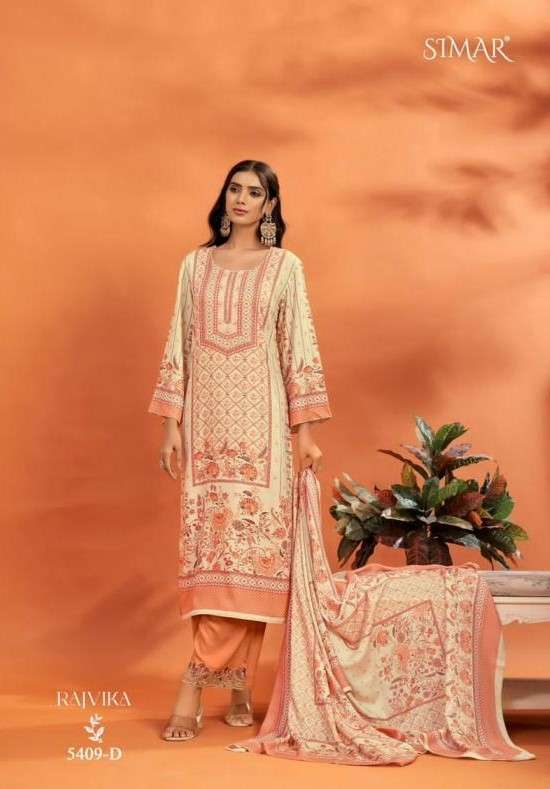 RAJVIKA SERIES 5409 BY SIMAR GLOSSY DESIGNER PRINTED AND WORK PASHMINA SUITS ARE AVAILABLE AT WHOLESALE PRICE