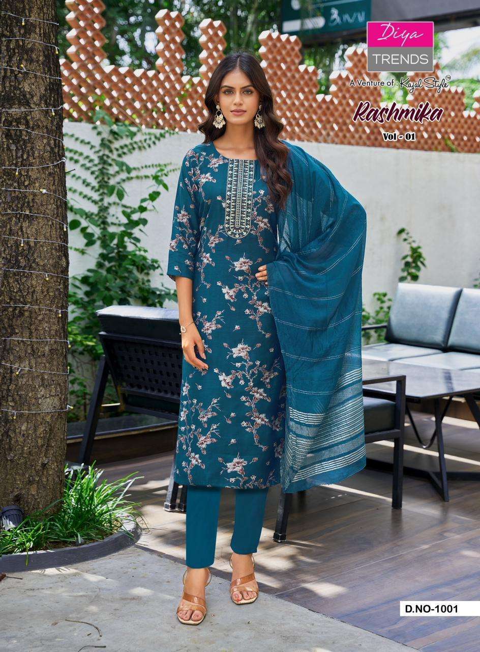 RASHMIKA VOL-1 SERIES 1001 TO 1008 BY DIYA TRENDS DESIGNER PRINTED AND EMBROIDERY WORK VATICAN KURTI WITH BOTTOM AND DUPATTA ARE AVAILABLE AT WHOLESALE PRICE
