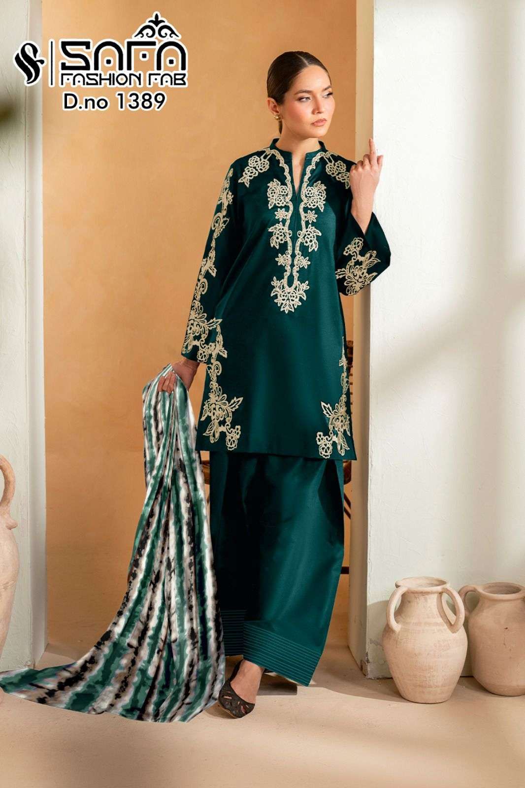 SAFA FASHION FAB 1389 DESIGNER WITH WORK BLEND TOP WITH BOTTOM AND DUPATTA ARE AVAILABLE AT WHOLESALE PRICE