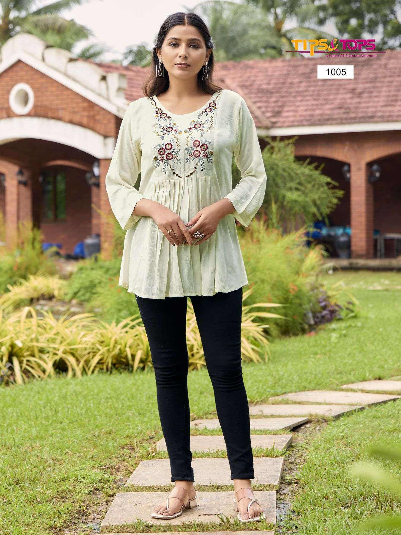 SANA VOL-5 SERIES 1001 TO 1008 KURTI BY TIPS & TOPS DESIGNER WITH WORK RAYON WRINKLE SHORT KURTIS ARE AVAILABLE AT WHOLESALE PRICE