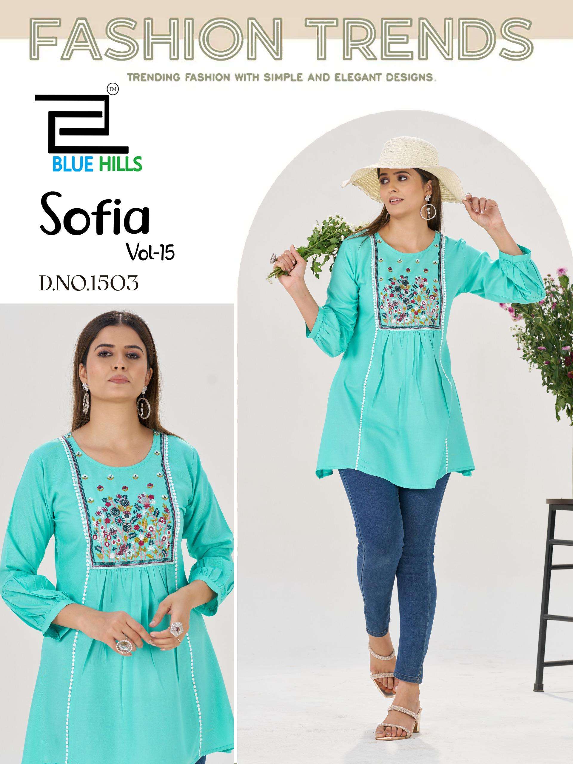 SOFIA VOL-15 SERIES 1501 TO 1506 BY BLUE HILLS DESIGNER EMBROIDERY WORK RAYON SHORT TOPS ARE AVAILABLE AT WHOLESALE PRICE
