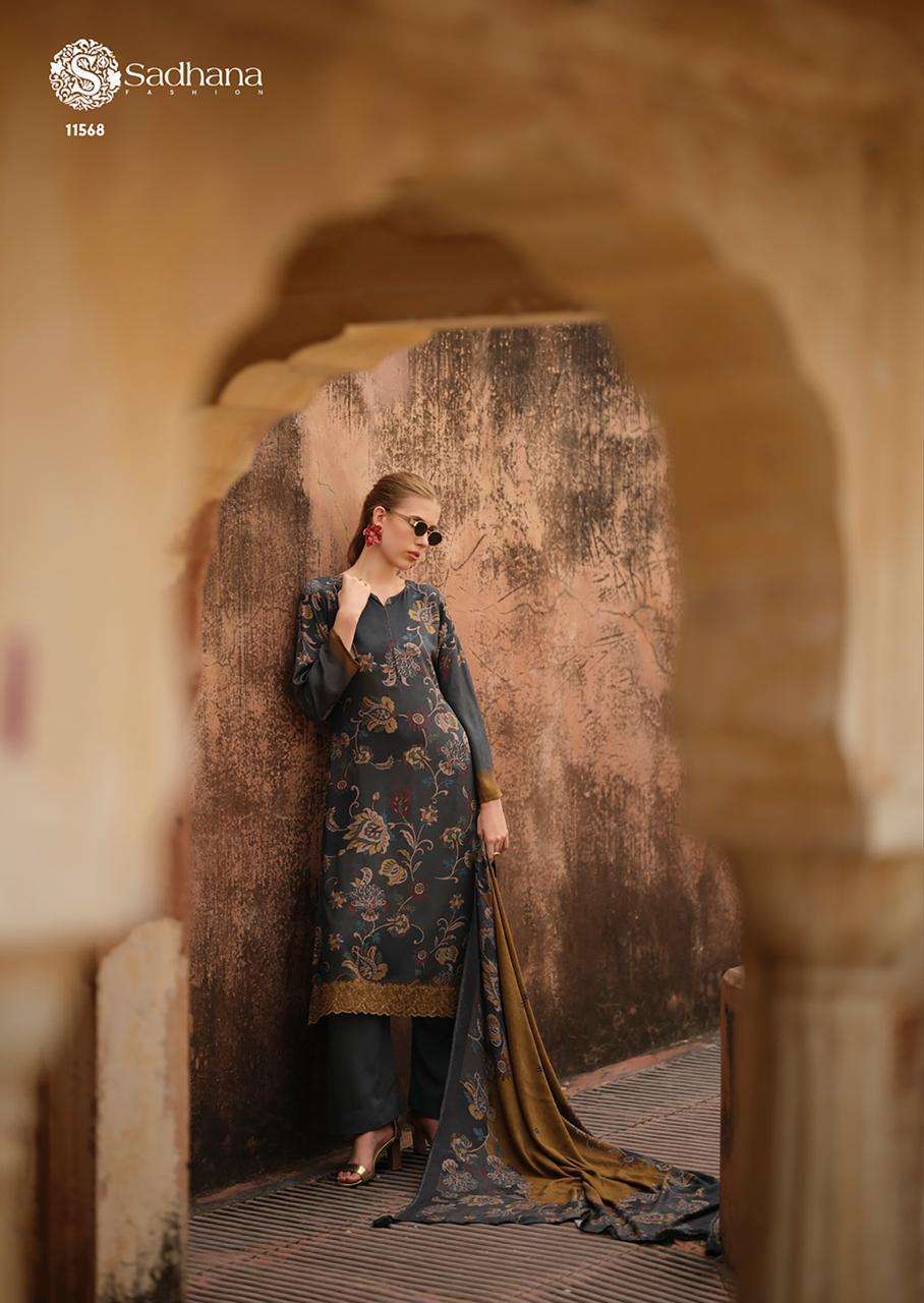 TREND BEYOND SERIES 11566 TO 11571 BY SADHNA DESIGNER PRINTED AND FANCY WORK VISCOSE PASHMINA SUITS ARE AVAILABLE AT WHOLESALE PRICE