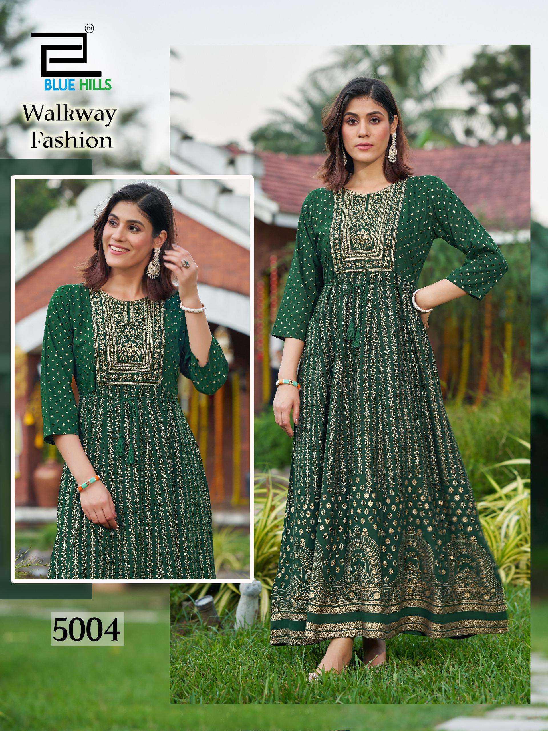 WALKWAY FASHION SERIES 1001 TO 1006 BY BLUE HILLS DESIGNER PRINTED AND EMBROIDERY WORK RAYON GOWN WITH BELT ARE AVAILABLE AT WHOLESALE PRICE