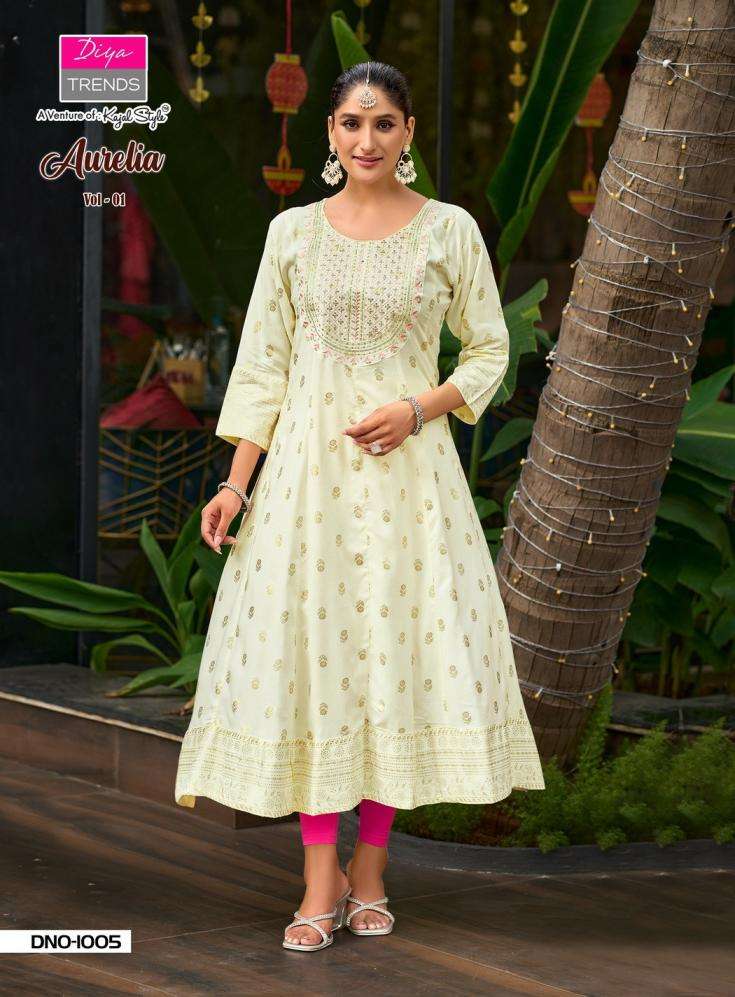 AURELIA VOL-1 SERIES 1001 TO 1010 KURTI BY DIYA TRENDS DESIGNER FOIL PRINT AND EMBROIDERY WORK RAYON KURTIS ARE AVAILABLE AT WHOLESALE PRICE