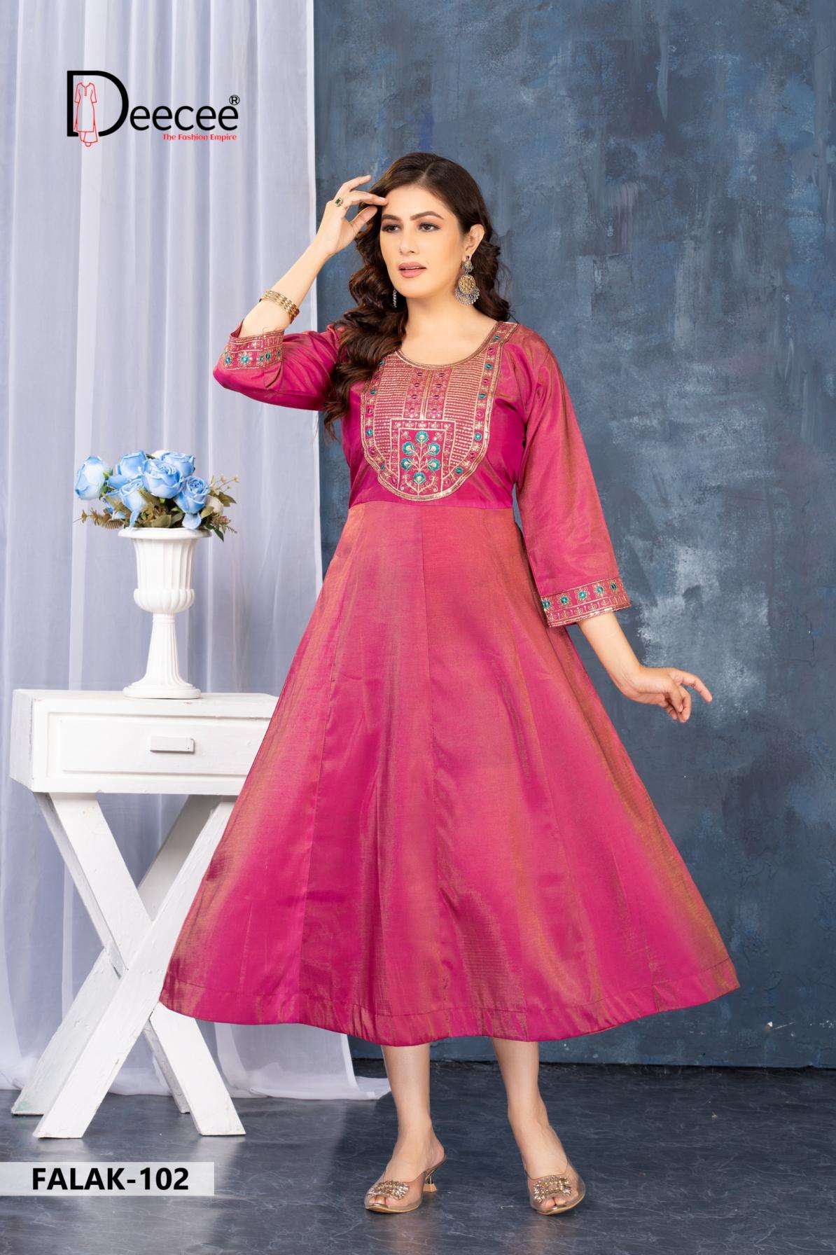 FALAK SERIES 101 TO 106 KURTI BY DEE CEE DESIGNER WORK SHIMMER SILK FLARED KURTIS ARE AVAILABLE AT WHOLESALE PRICE