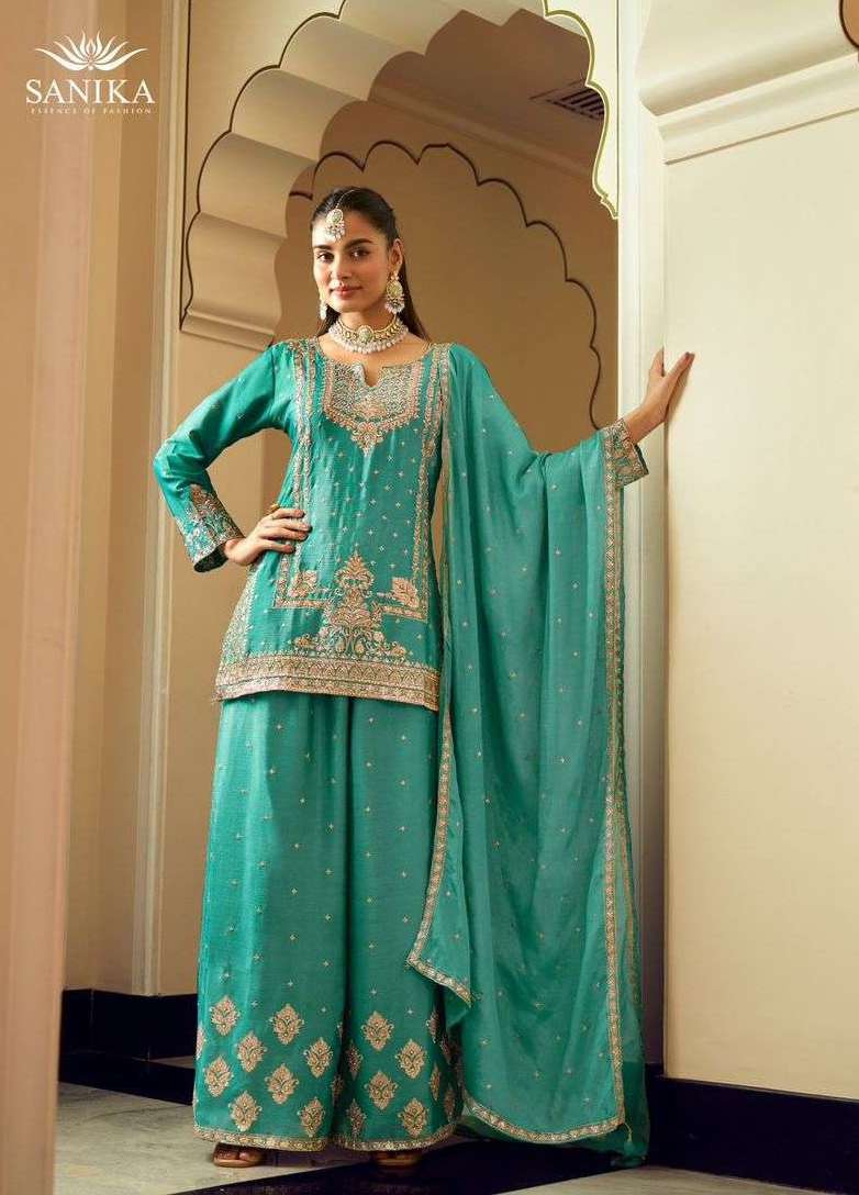 GULRANG SERIES 1001 TO 1003 BY SANIKA DESIGNER EMBROIDERY AND HAND WORK CHINON SILK READYMADE SUITS ARE AVAILABLE AT WHOLESALE PRICE