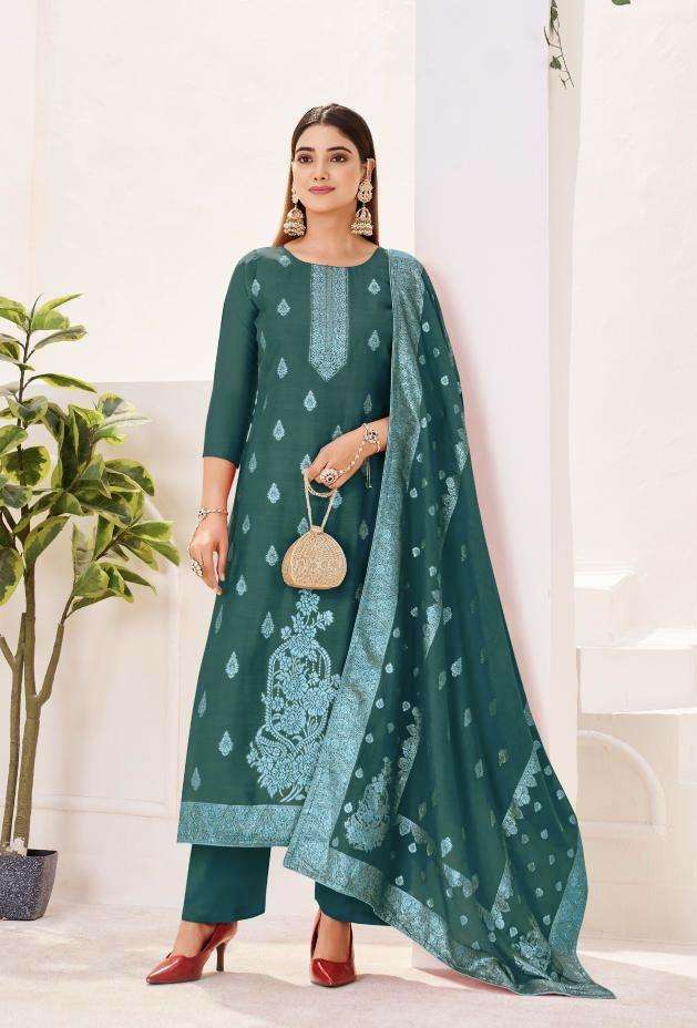 IRIKA SERIES 1401 TO 1404 BY TANISHK FASHION DESIGNER HAND WORK VISCOSE MUSLIN JACQUARD SUITS ARE AVAILABLE AT WHOLESALE PRICE