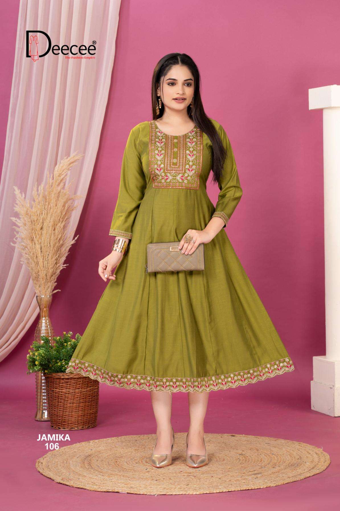 JAMIKA SERIES 101 TO 106 KURTI BY DEE CEE DESIGNER EMBROIDERY WORK KALI STYLE KURTIS ARE AVAILABLE AT WHOLESALE PRICE