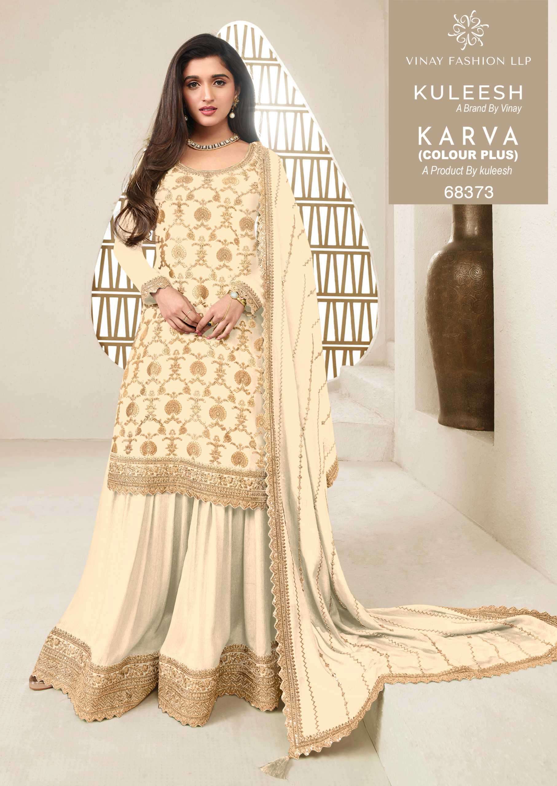KARVA COLOUR PLUS  SERIES 68373 BY KULEESH VINAY DESIGNER EMBROIDERY WORK CHINON JACQUARD SUITS ARE AVAILABLE AT WHOLESALE PRICE
