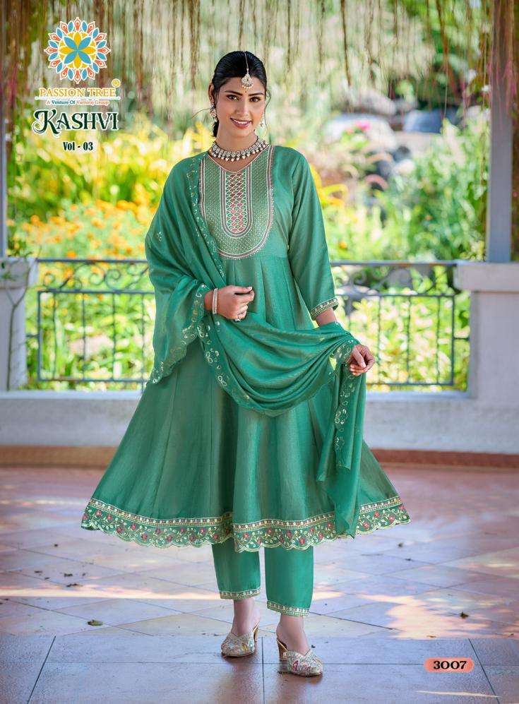 KASHVI VOL-3 SERIES 3001 TO 3008 BY PASSION TREE DESIGNER WORK ANARKALI VICHITRA SILK KURTI WITH BOTTOM AND DUPATTA ARE AVAILABLE AT WHOLESALE PRICE