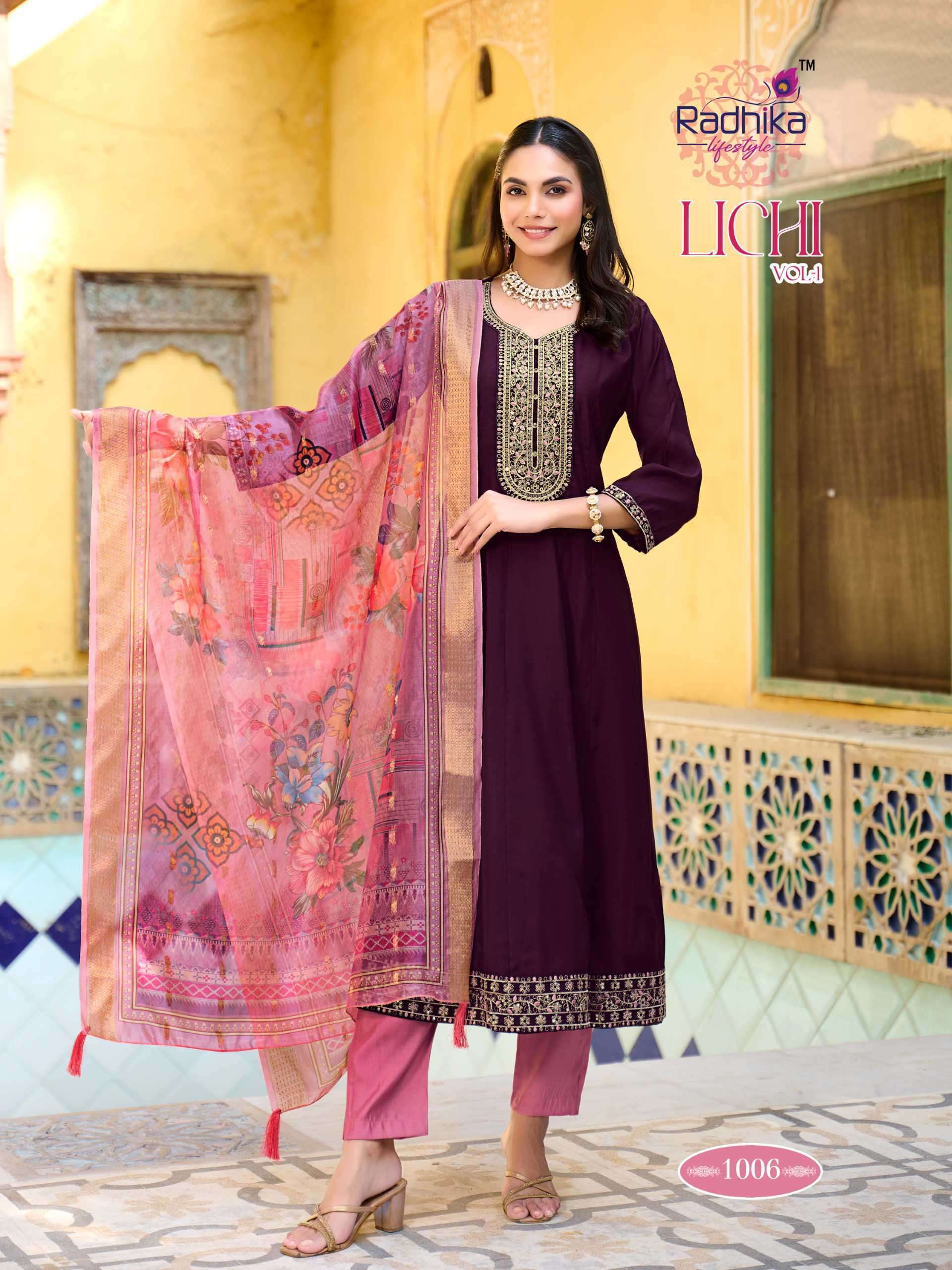 LICHI VOL-1 SERIES 1001 TO 1006 BY RADHIKA LIFESTYLE DESIGNER EMBROIDERY WORK ROMAN SILK KURTI WITH BOTTOM AND DUPATTA ARE AVAILABLE AT WHOLESALE PRICE