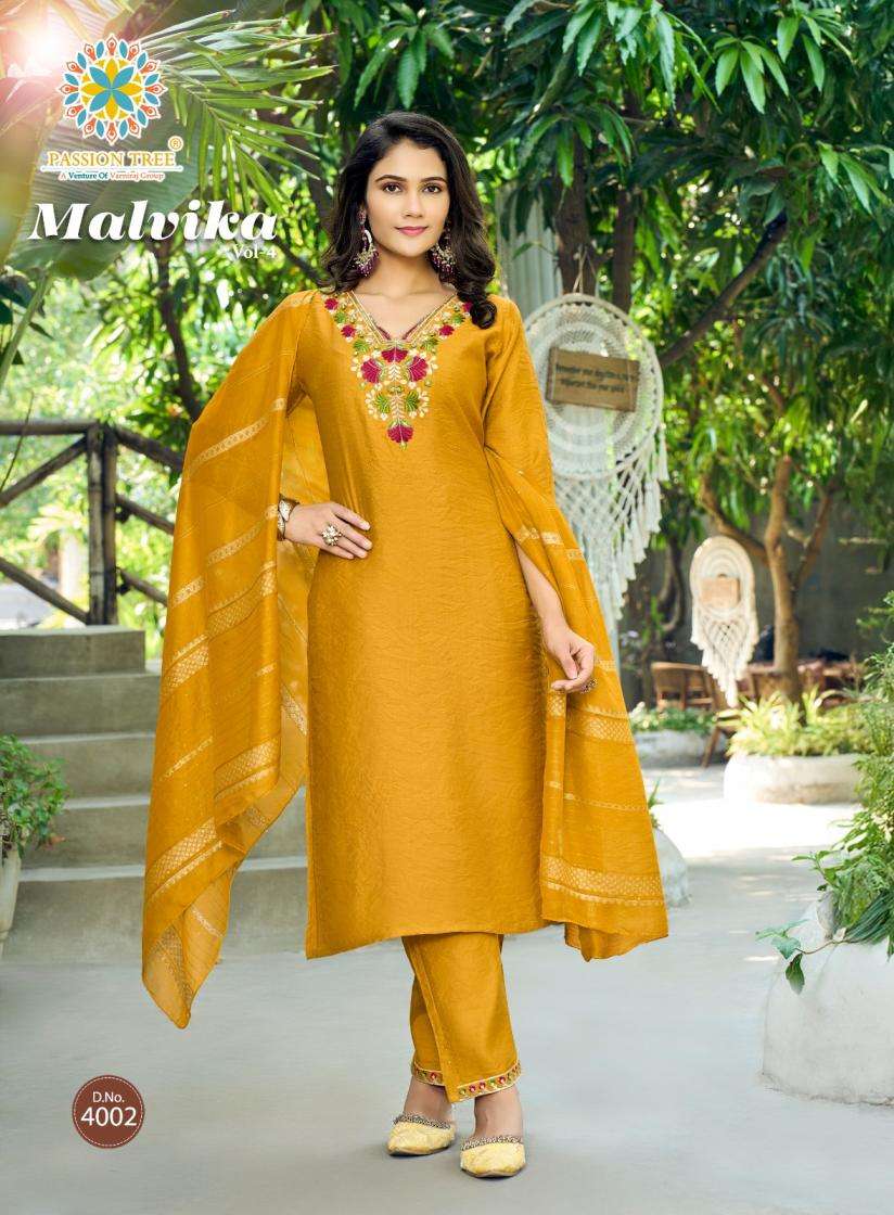 MALVIKA VOL-4 SERIES 4001 TO 4007 BY PASSION TREE DESIGNER EMBROIDERY WORK VATICAN KURTI WITH BOTTOM AND DUPATTA ARE AVAILABLE AT WHOLESALE PRICE
