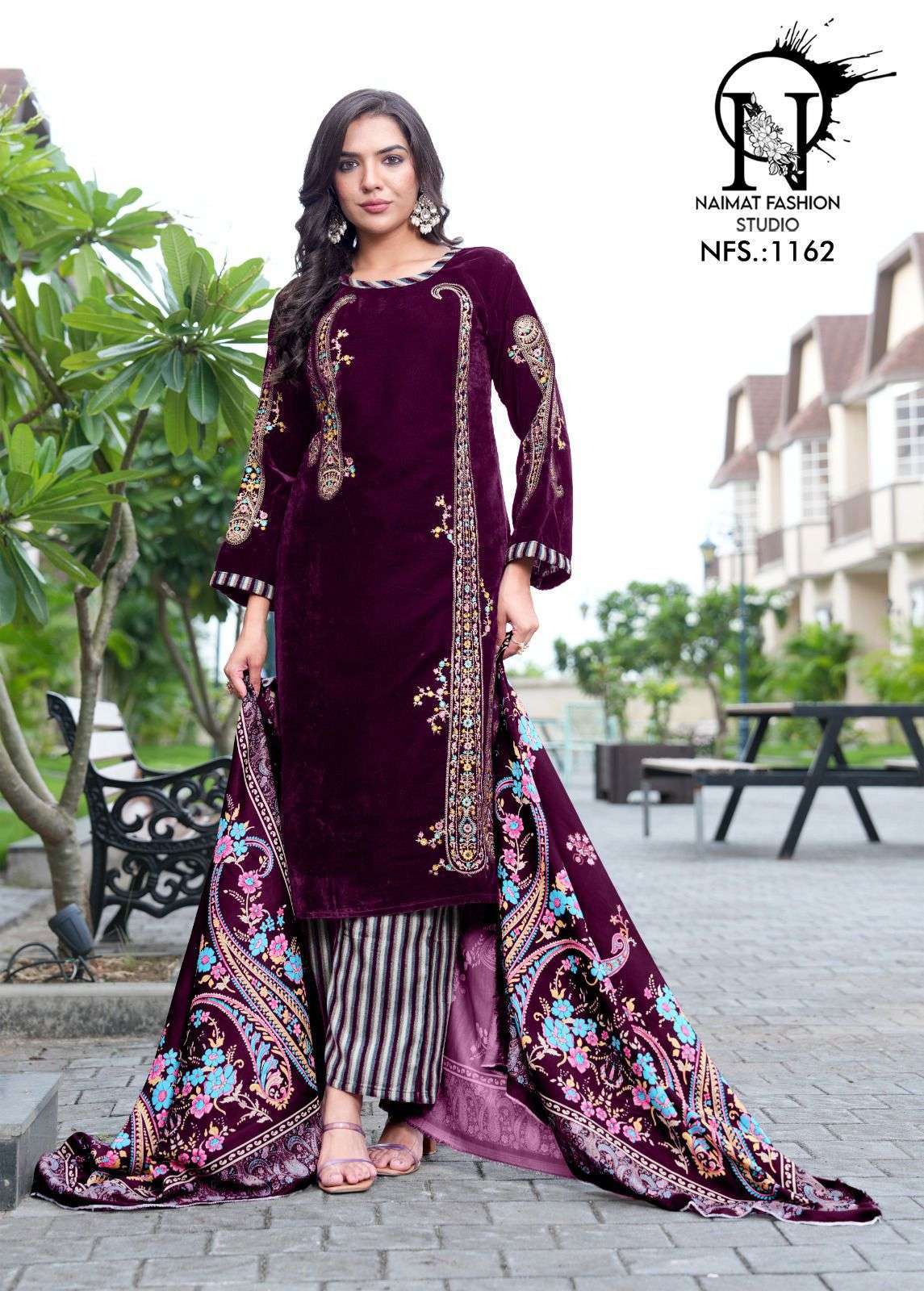 NFS 1162 DESIGNER WORK VELVET TOP WITH BOTTOM AND DUPATTA ARE AVAILABLE AT WHOLESALE PRICE