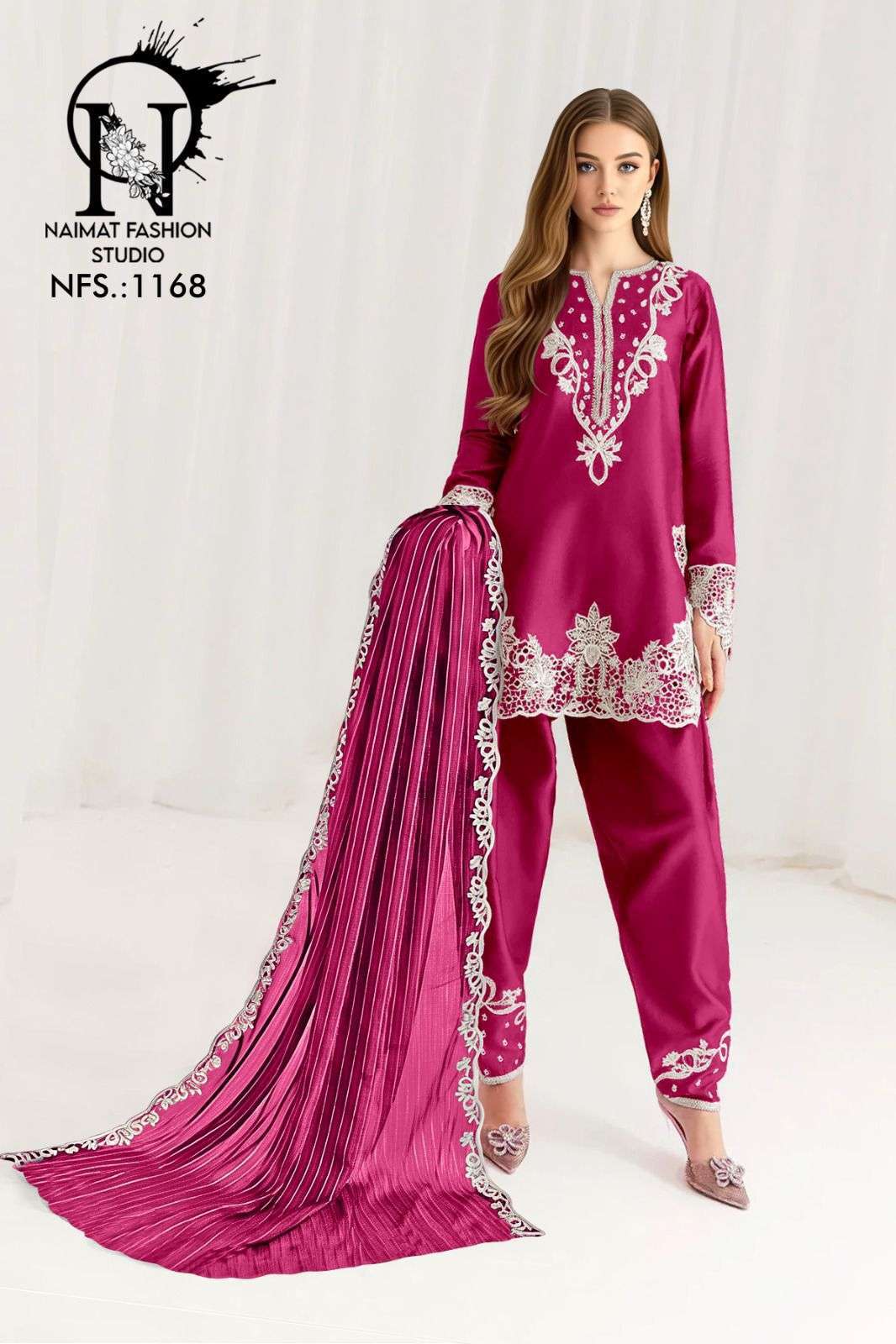 NFS 1168 DESIGNER EMBROIDERY WORK SATIN TOP WITH PANT AND DUPATTA ARE AVAILABLE AT WHOLESALE PRICE