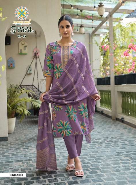 PAYAL VOL-5 SERIES 5001 TO 5008 BY PASSION TREE DESIGNER PRINTED AND WORK VATICAN KURTI WITH BOTTOM AND DUPATTA ARE AVAILABLE AT WHOLESALE PRICE