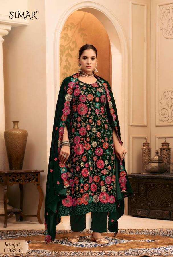 RANGAT SERIES 11382 BY SIMAR GLOSSY DESIGNER HEAVY EMBROIDERY WORK VELVET SUITS ARE AVAILABLE AT WHOLESALE PRICE