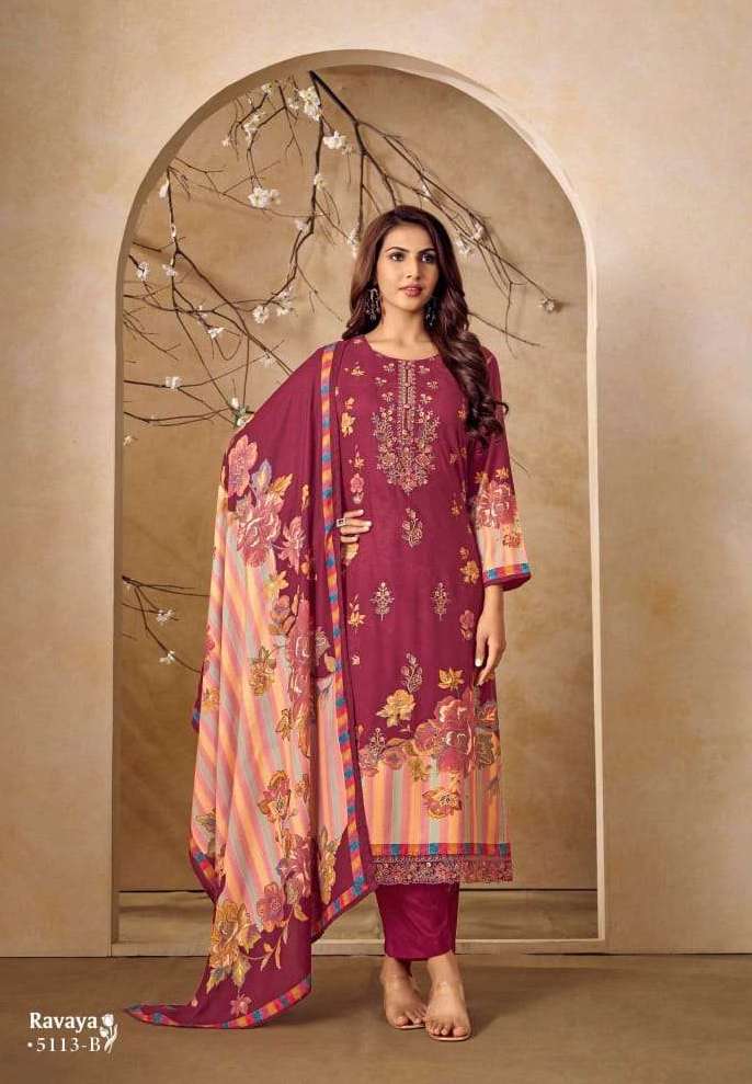 RAVAYA SERIES 5113 BY SIMAR GLOSSY DESIGNER DIGITAL PRINTED AND EMBROIDERY WORK VISCOSE PASHMINA SUITS ARE AVAILABLE AT WHOLESALE PRICE