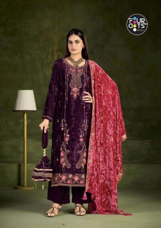 ROMAN VOL-2 SERIES 9021 TO 9024 BY FOUR DOTS DESIGNER HEAVY WORK MAKHMALI VELVET SUITS ARE AVAILABLE AT WHOLESALE PRICE