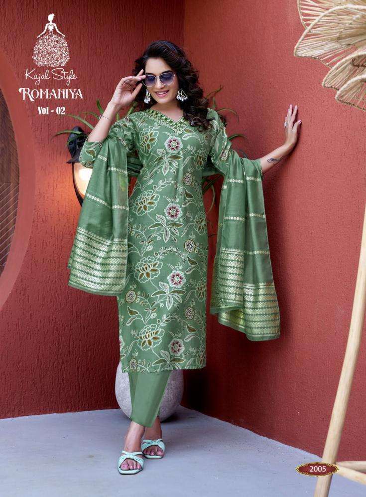ROMANIYA VOL-2 SERIES 2001 TO 2006 BY KAJAL STYLE DESIGNER PRINTED AND EMBROIDERY WORK VATICAN KURTI WITH BOTTOM AND DUPATTA ARE AVAILABLE AT WHOLESALE PRICE