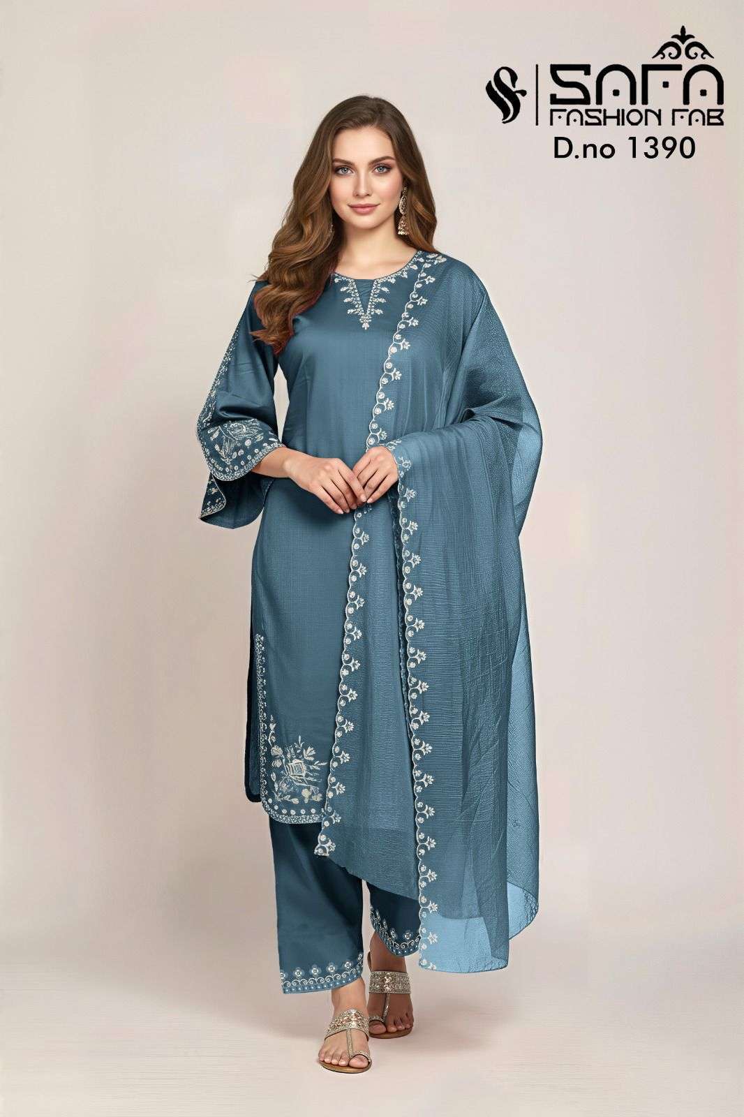 SAFA FASHION FAB 1390 DESIGNER WORK SOFT FANCY TOP WITH BOTTOM AND DUPATTA ARE AVAILABLE AT WHOLESALE PRICE