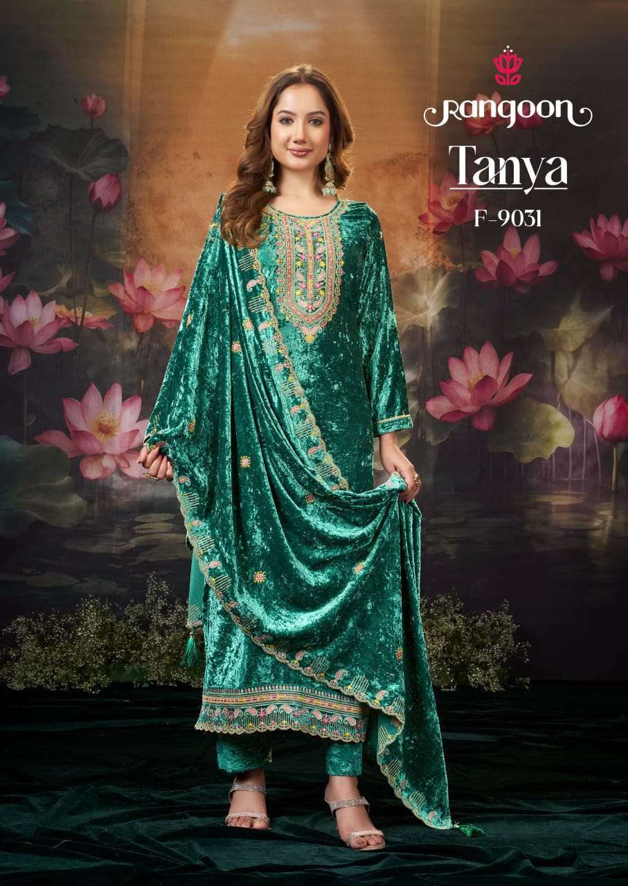 TANYA SERIES 9051 TO 9054 BY RANGOON DESIGNER WITH WORK MAKHMAL VELVET TOP WITH BOTTOM AND DUPATTA ARE AVAILABLE AT WHOLESALE PRICE