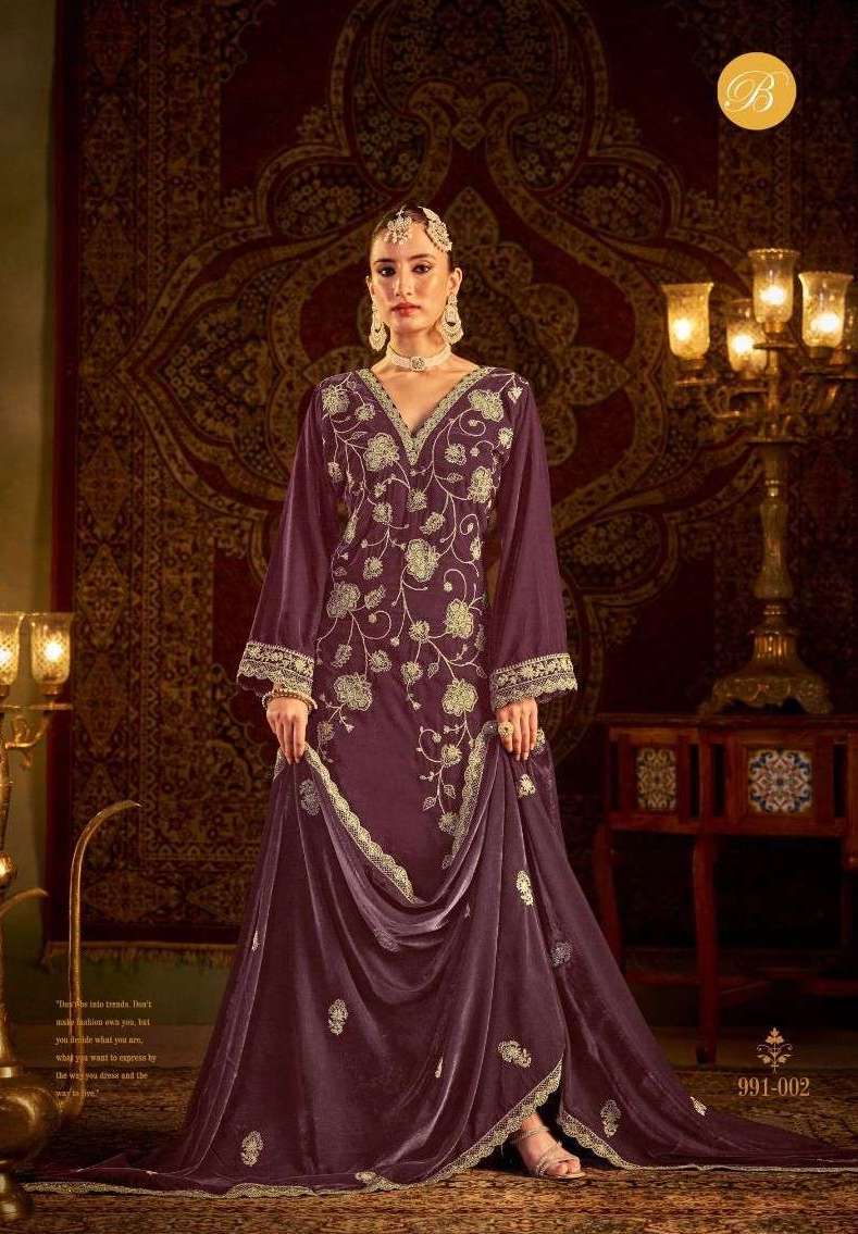 WINTER LUXURY VOL-2 SERIES 991 BY BELLIZA DESIGNER HEAVY WORK VELVET STRAIGHT SUITS ARE AVAILABLE AT WHOLESALE PRICE