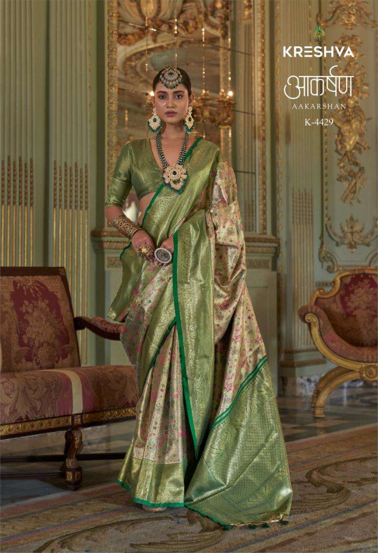 AARAKSHAN SERIES 4429 TO 4434 SAREE BY KRESHVA DESIGNER TISSUE SILK SAREES ARE AVAILABLE AT WHOLESALE PRICE