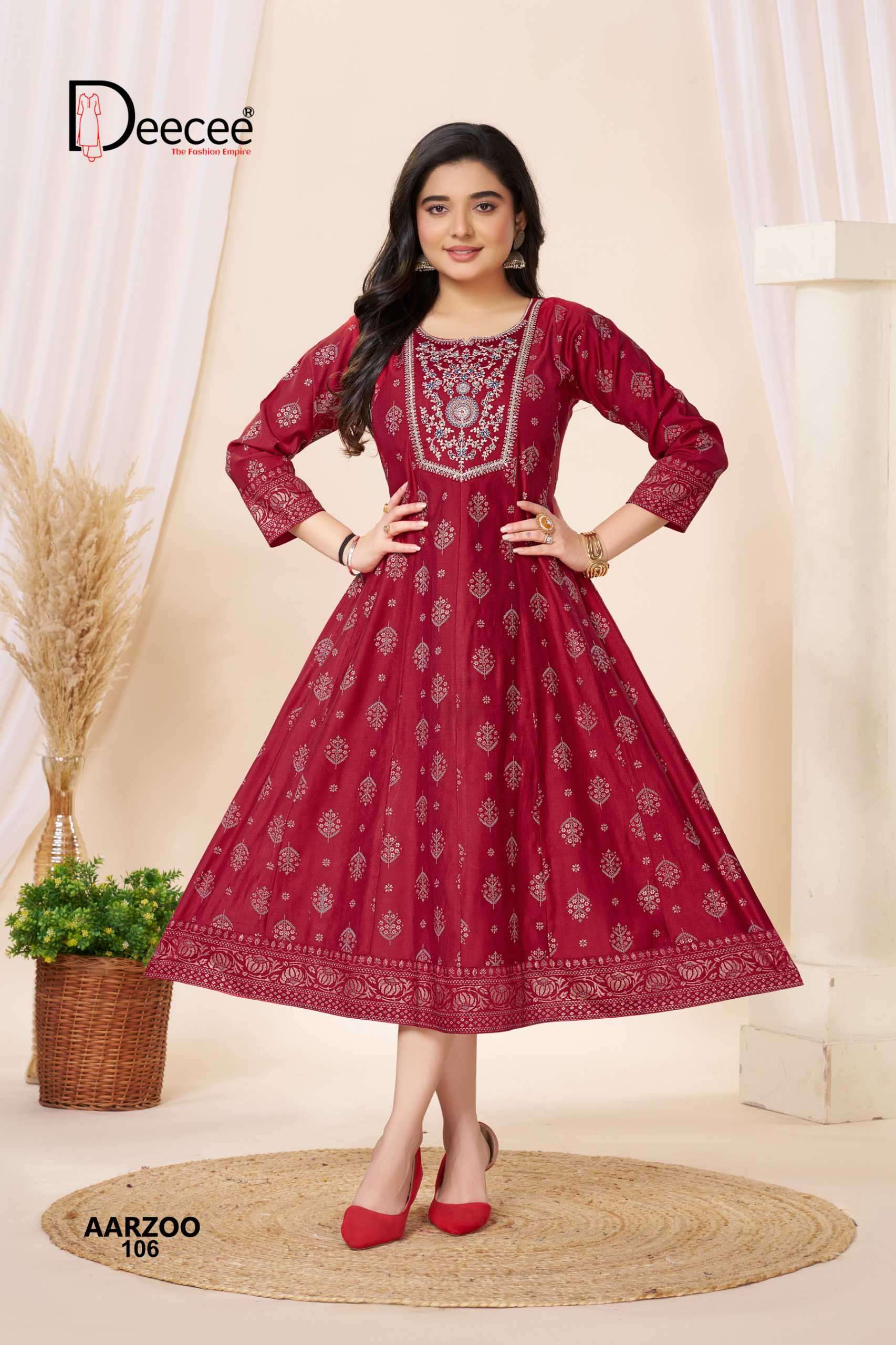 AARZOO SERIES 101 TO 106 BY DEE CEE DESIGNER FOIL SCREEN PRINT KALI STYLE KURTI ARE AVAILABLE AT WHOLESALE PRICE 