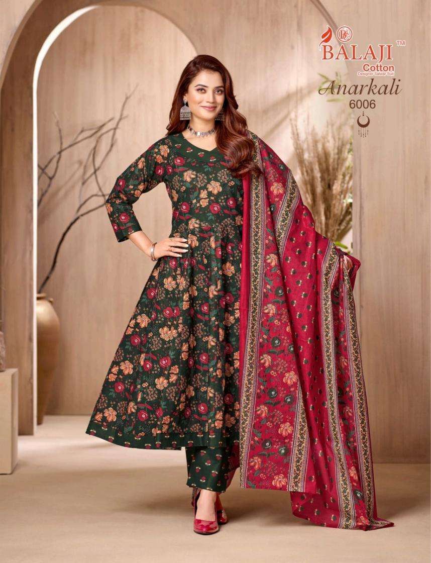 ANARKALI VOL-6 SERIES 6001 TO 6008 BY BALAJI DESIGNER PRINTED COTTON ANARKALI COTTON READYMADE SUITS ARE AVAILABLE AT WHOLESALE PRICE