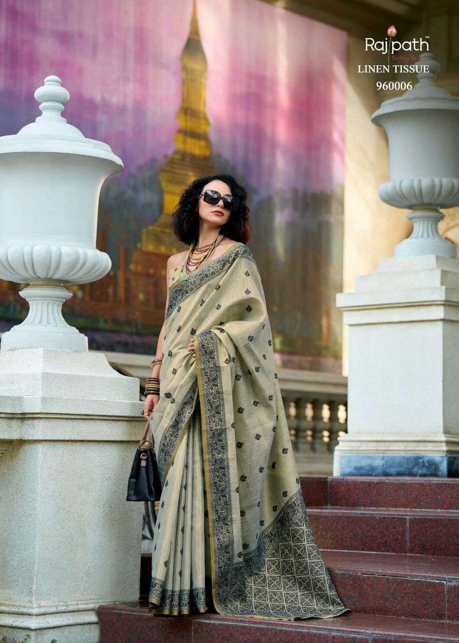 BLACKCAT SERIES 960001 TO 960006 SAREE BY RAJPATH DESIGNER TISSUE LINEN SAREES ARE AVAILABLE AT WHOLESALE PRICE
