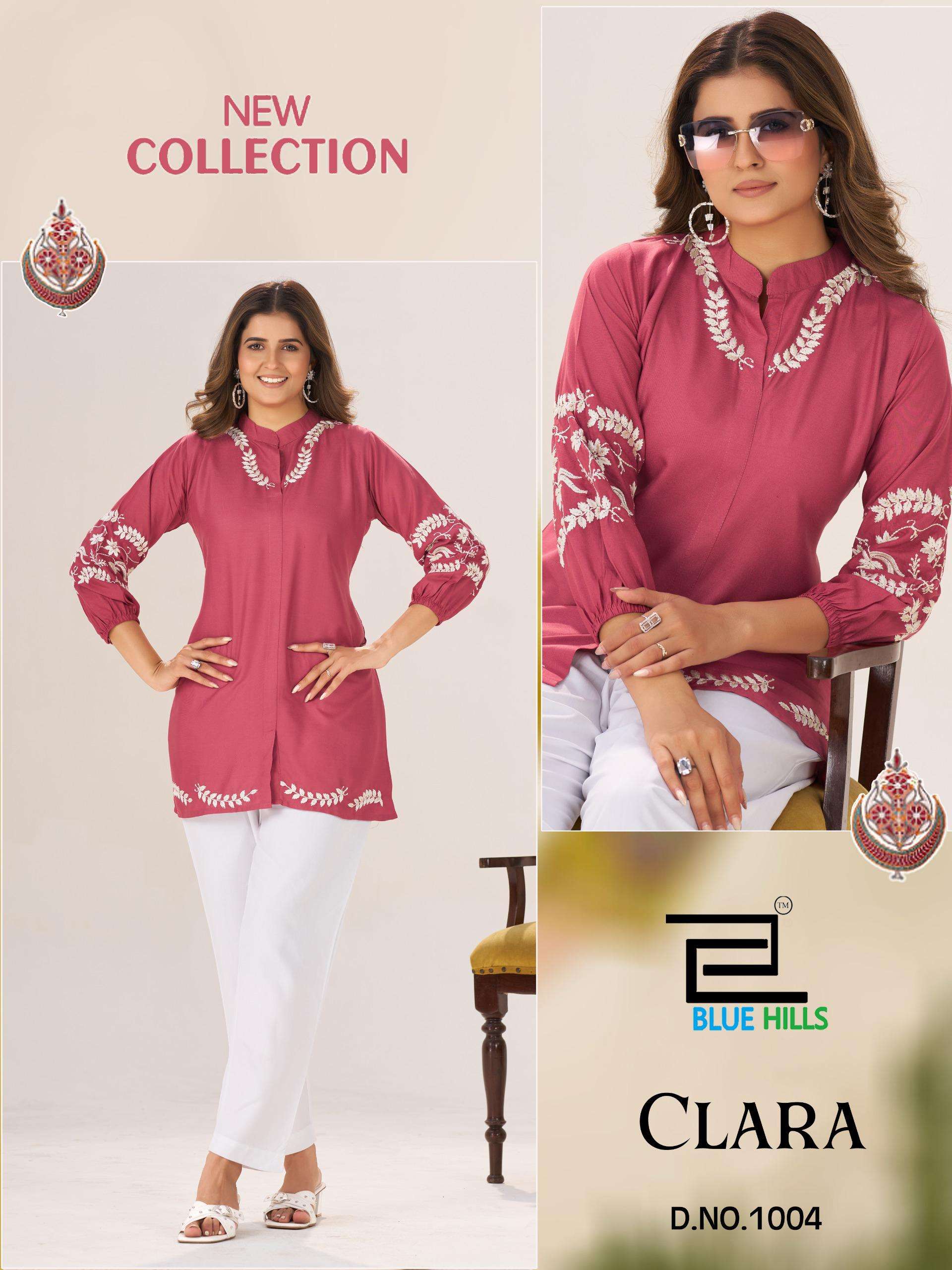 CLARA SERIES 1001 TO 1004 BY BLUE HILLS DESIGNER EMBROIDERY WORK RAYON KURTIS ARE AVAILABLE AT WHOLESALE PRICE